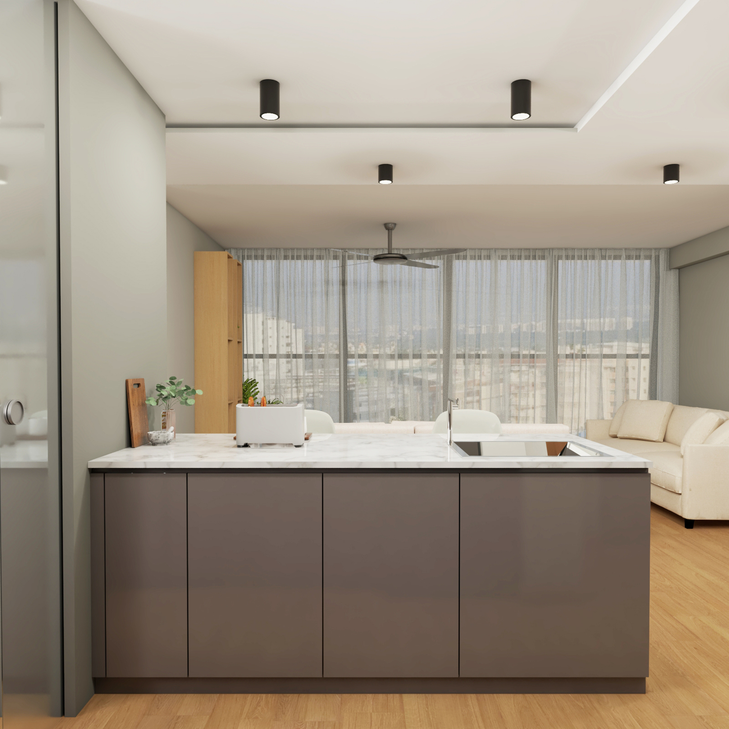 Modern Parallel Kitchen Cabinet Design In White And Grey