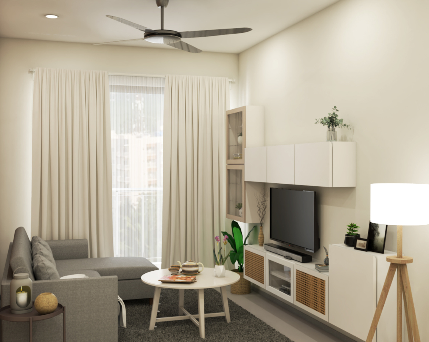 Compact Living Room Design with White Finished TV Unit - Livspace
