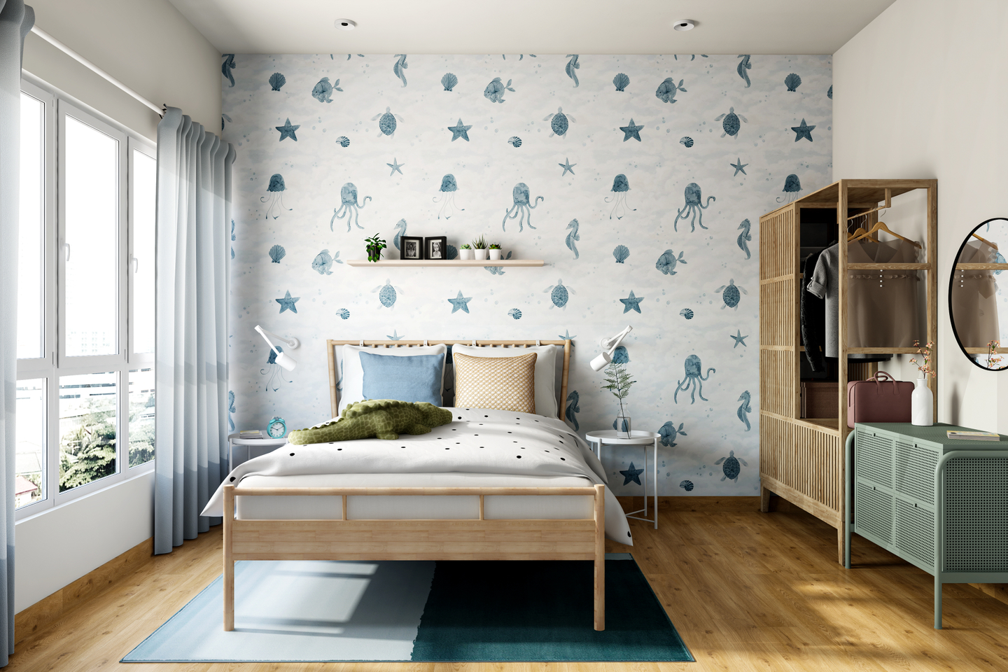 Scandinavian Kid's Bedroom With Sea Wall Decor - Livspace