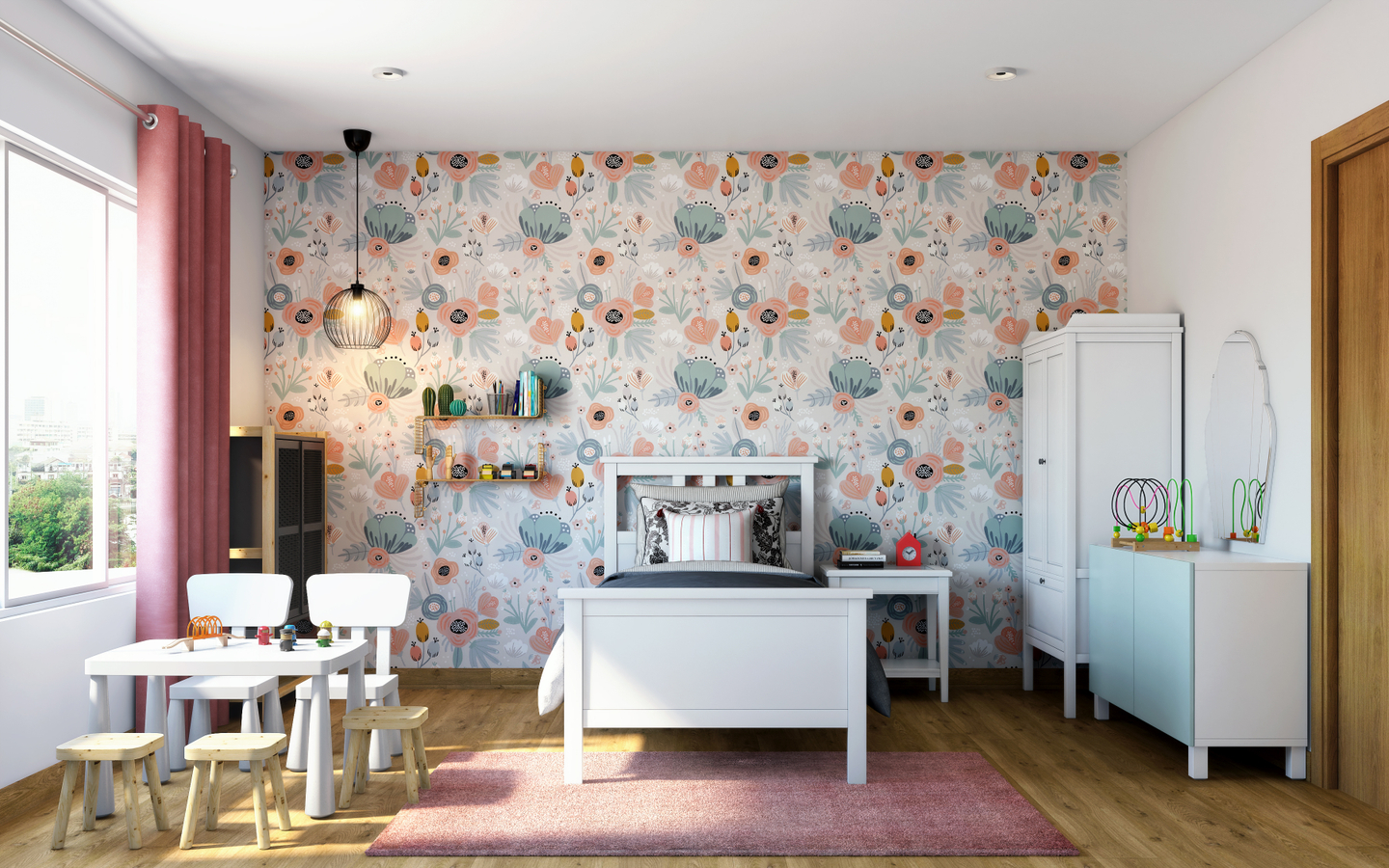 Modern Kid's Bedroom Design With Floral Wallpaper - Livspace