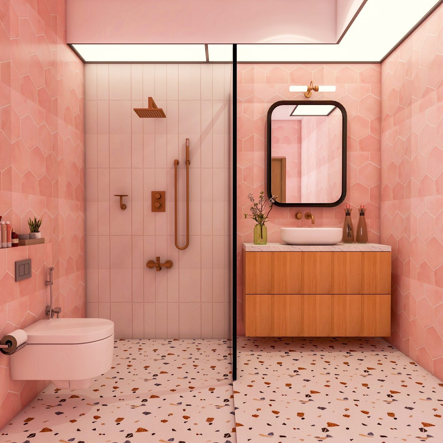 Compact Pink And White Bathroom Design With Brass Fixtures | Livspace