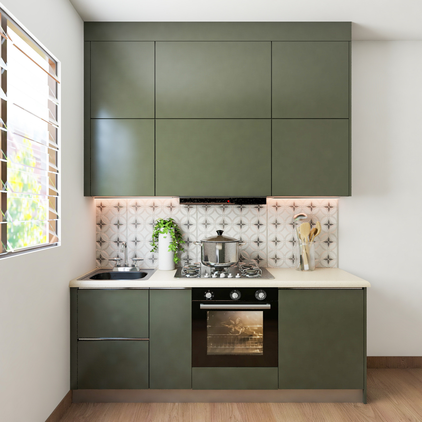 Compact Kitchen Design With Olive Green Base And Wall Units Livspace