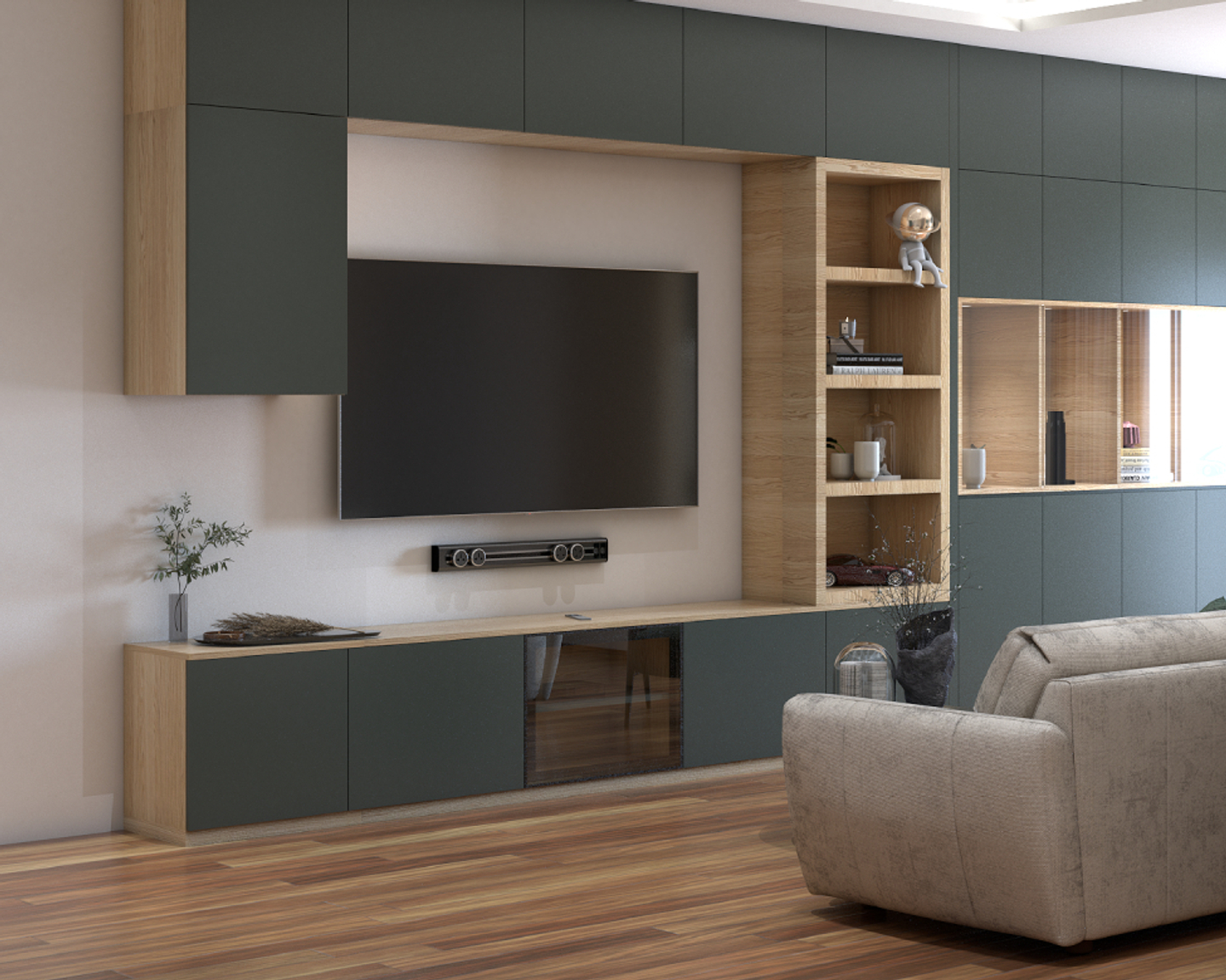 Full-Wall TV Cabinet Design With Clear Glass Shutters | Livspace