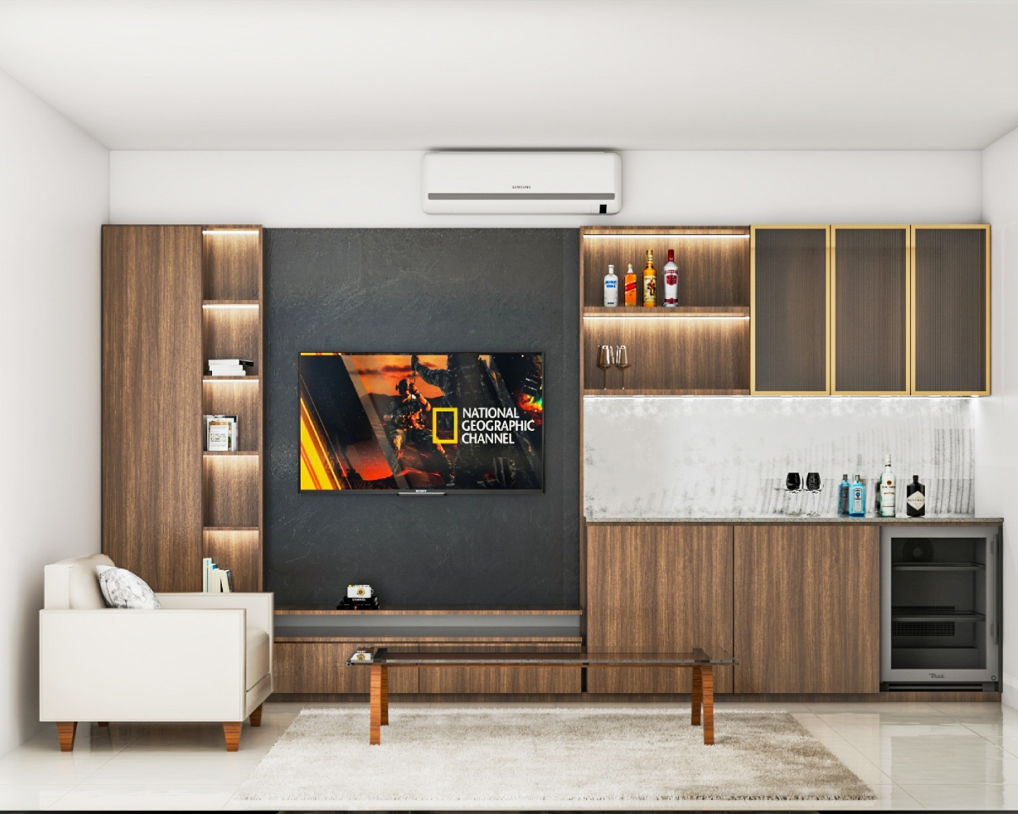 TV Design With A Textured Grey Back Panel Livspace