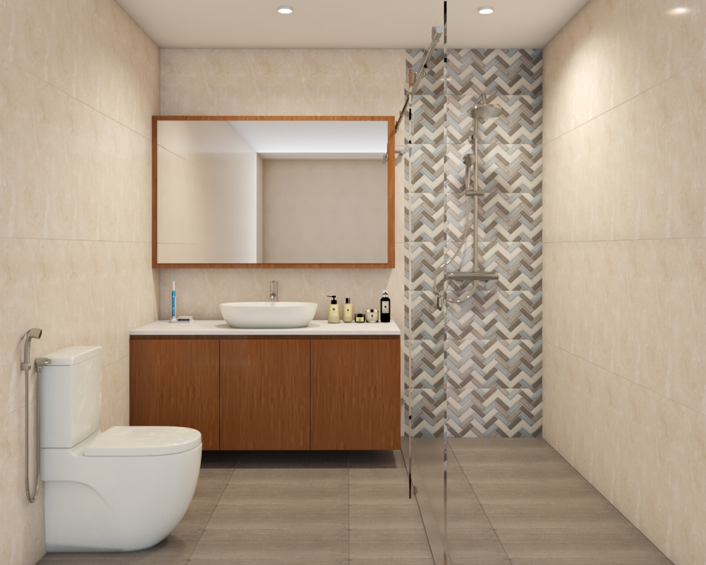 Spacious Beige Bathroom Design With Patterned Tiles Livspace