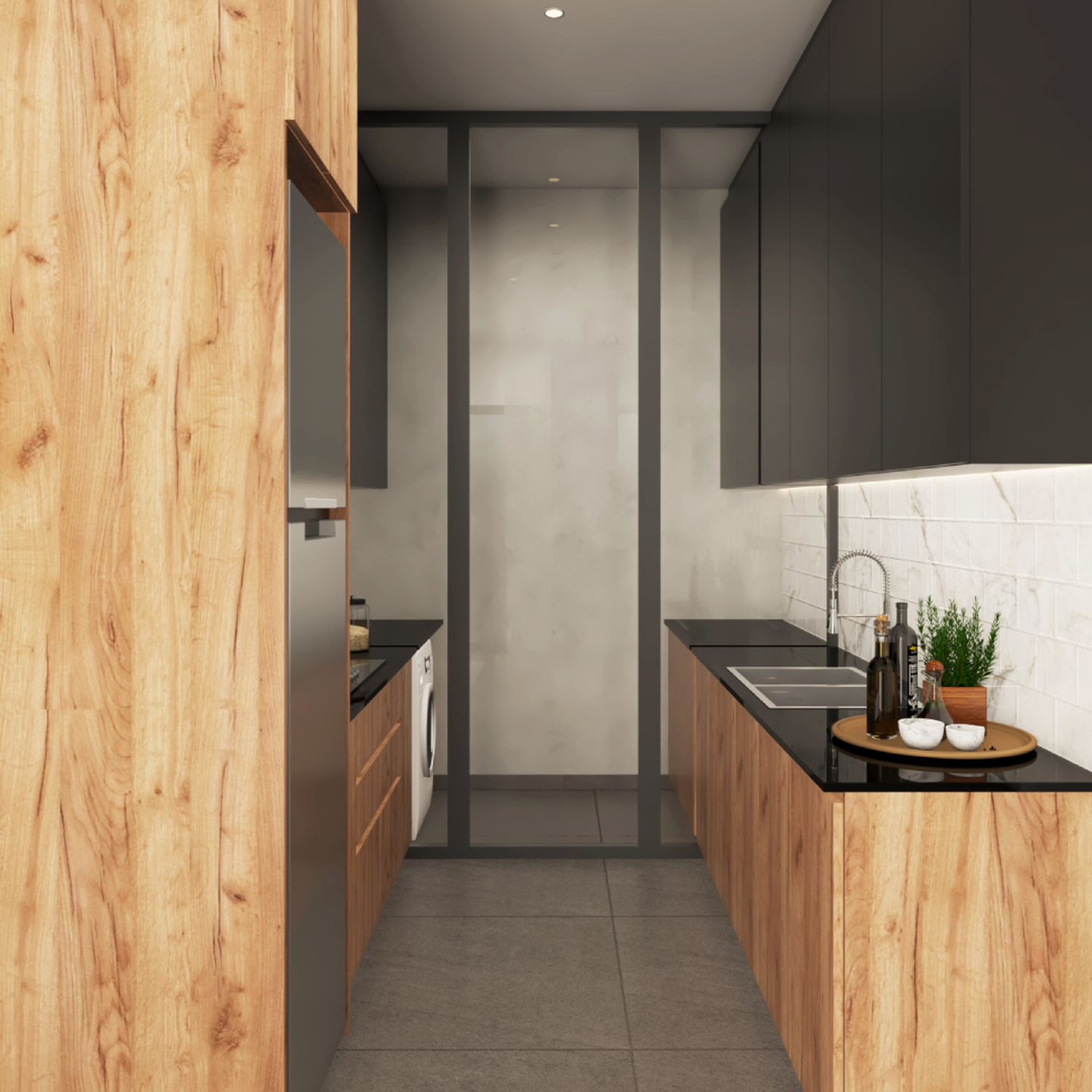 Black And Brown Kitchen Design With Profile Lighting Livspace