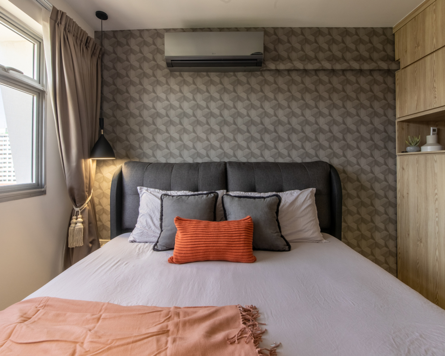 Compact Master Bedroom Design With Grey Wallpaper Accent Wall Livspace