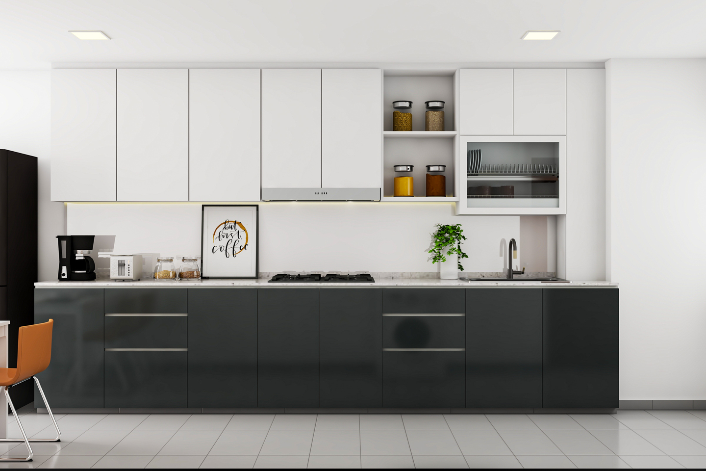 Modern Black and White Kitchen with Sleek Profile Handles | Livspace