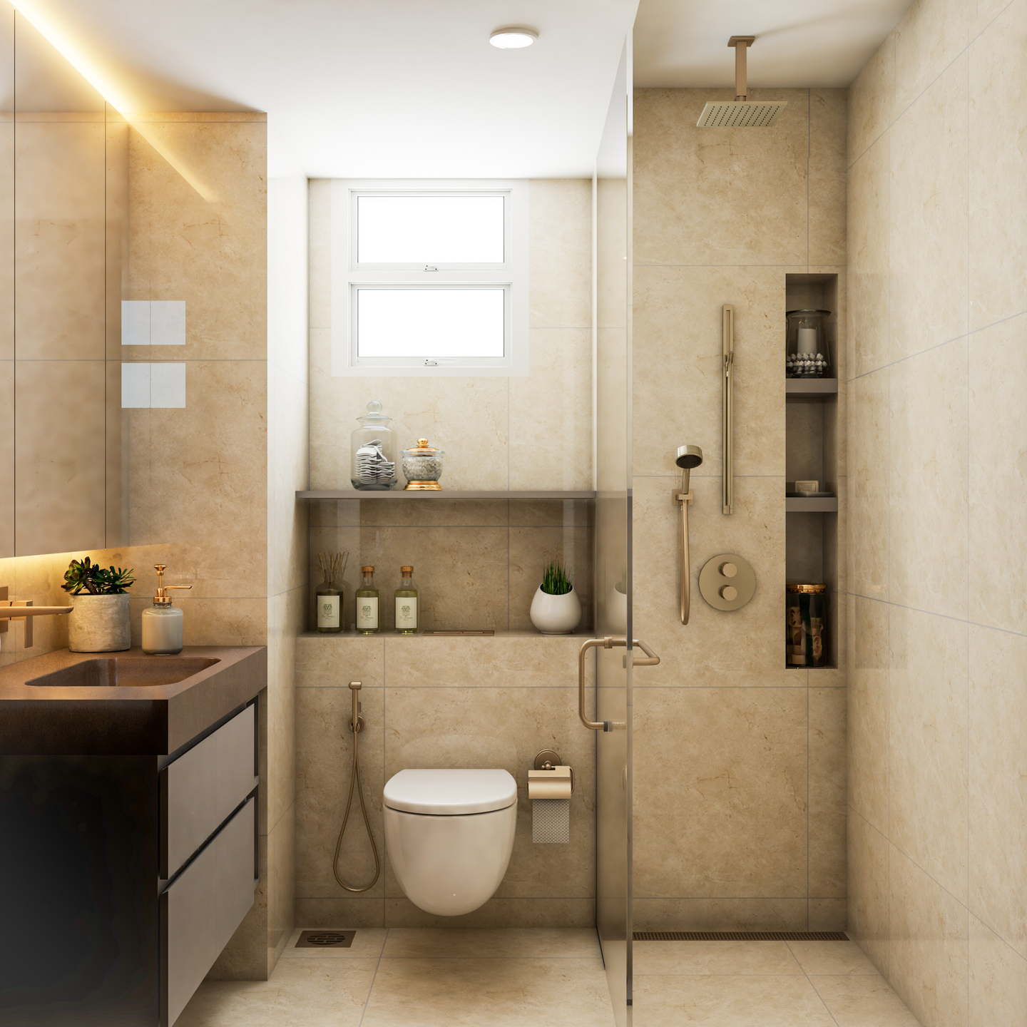 Monochromatic Beige Coloured Toilet with Under-Counter Brown Sink ...