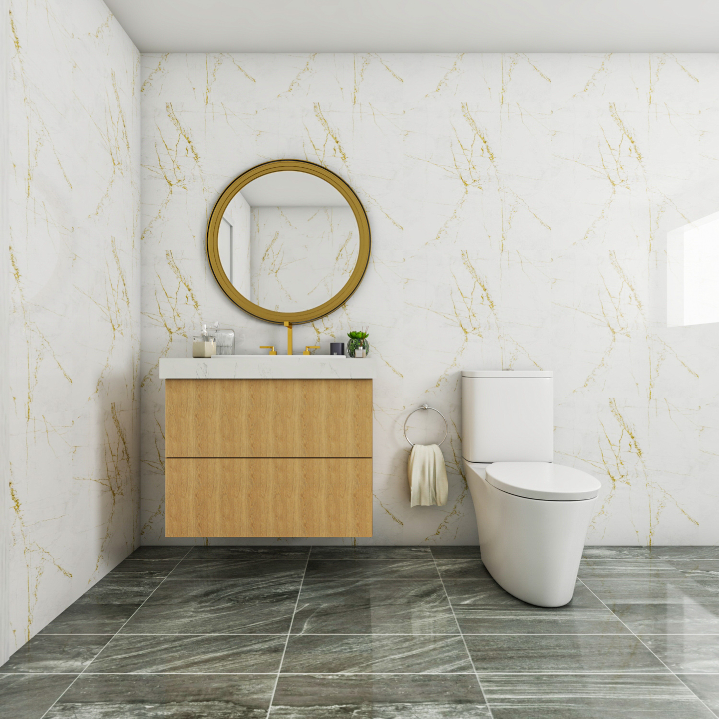 Beige Wall Tiles Minimal Spacious Bathroom Design - Livspace