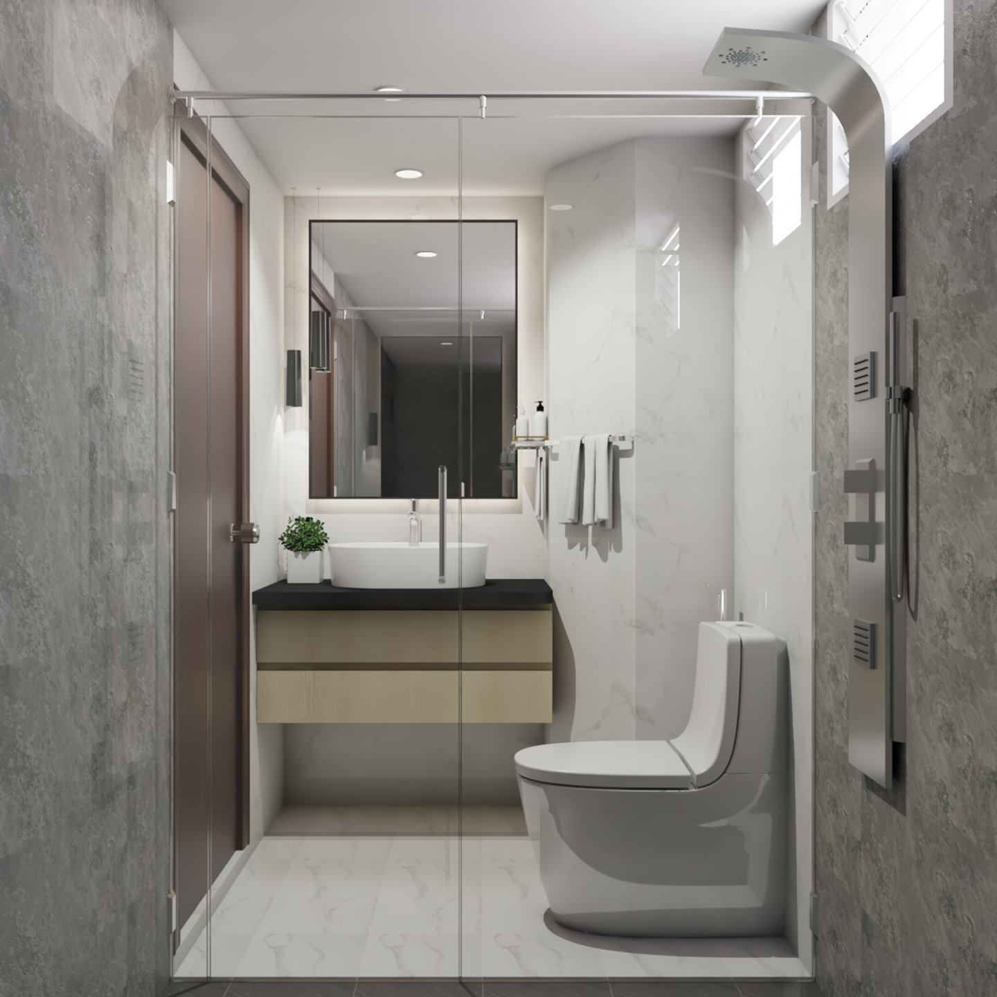 Grey Tiling Contemporary Compact Bathroom Design with Rectangular Mirror - Livspace