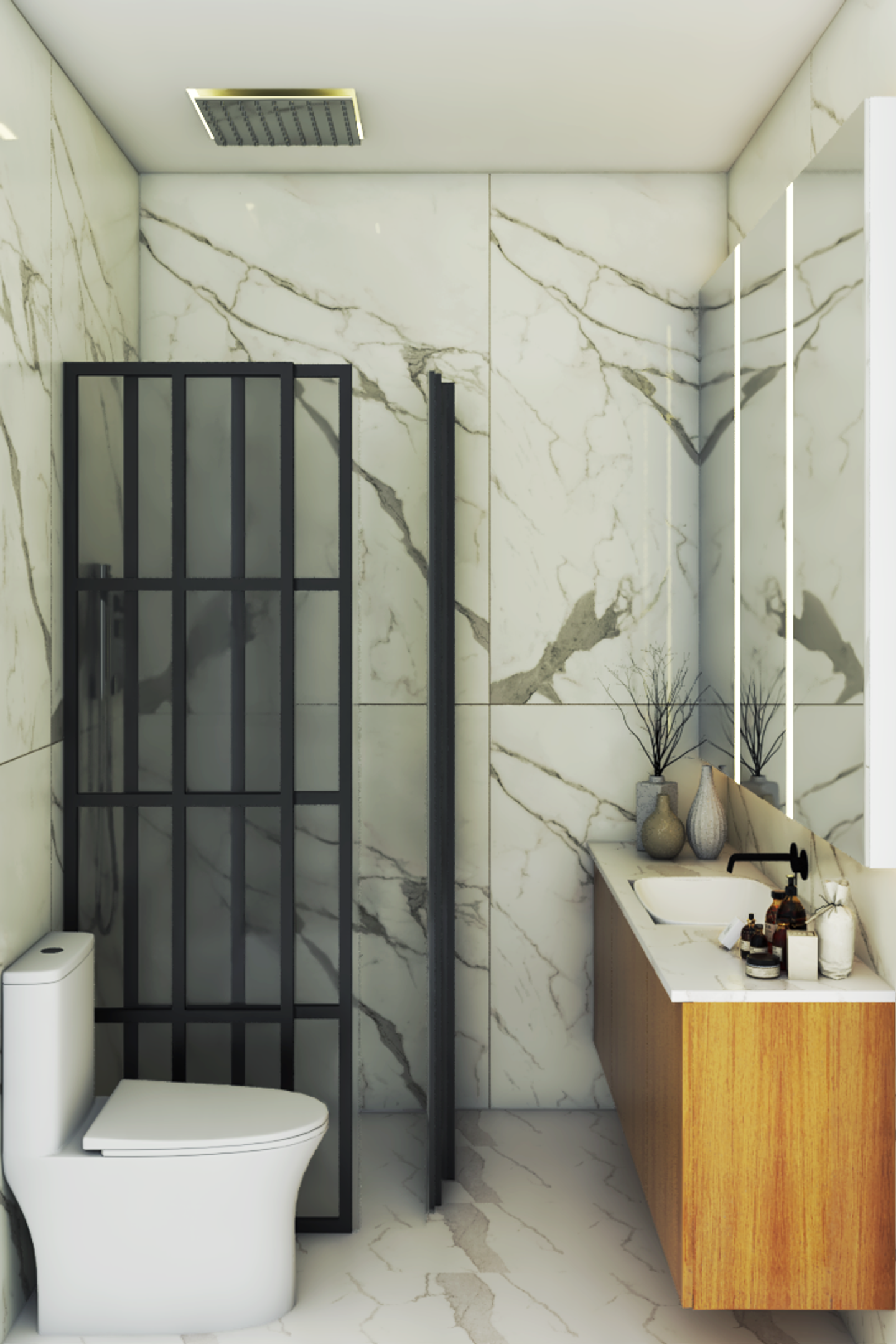 Textured Tiles Black Shower Frame Compact Bathroom Design - Livspace