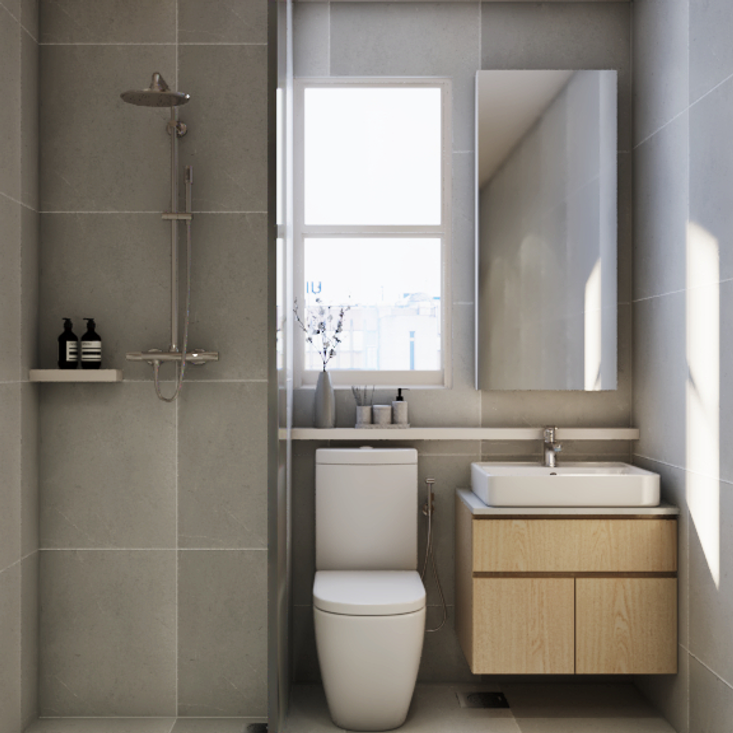 Neutral Palette Long Mirror Open Shelf Compact Bathroom Design - Livspace