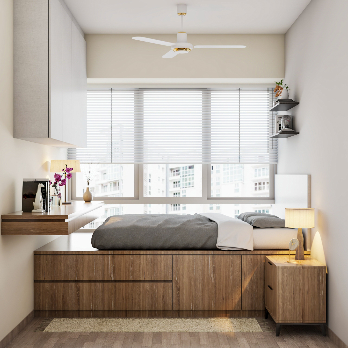 Rustic Compact Master Bedroom Interior Design with Storage Bed - Livspace
