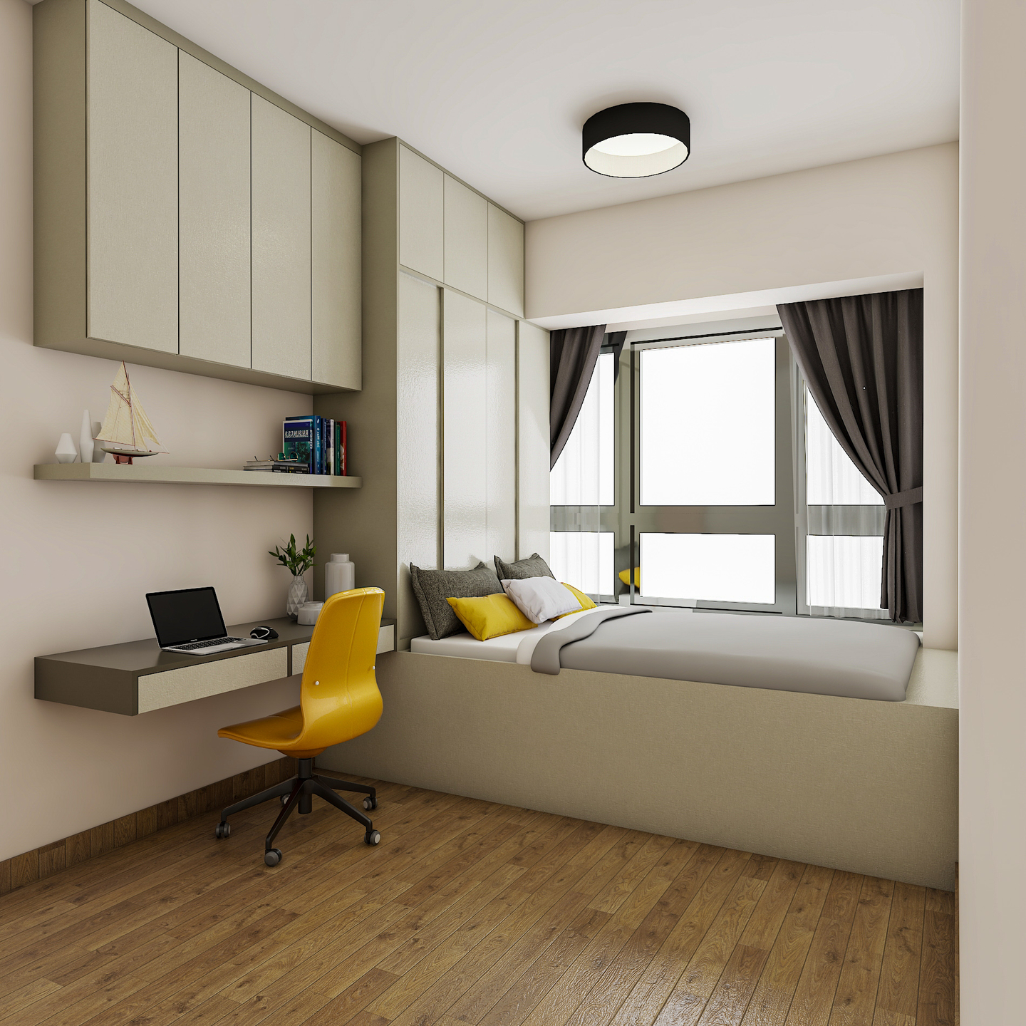 Compact Modern Bedroom Interior Design with Study Desk - Livspace