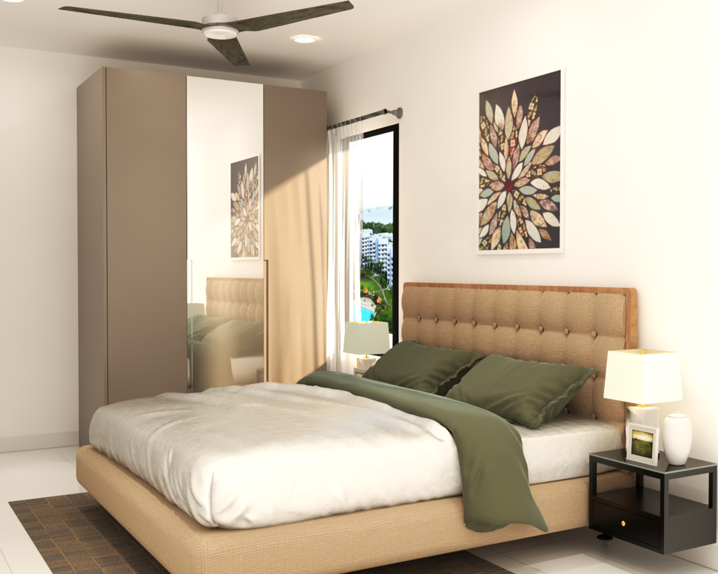 Beige Master Bedroom Interior Design with Mirrored Wardrobe - Livspace