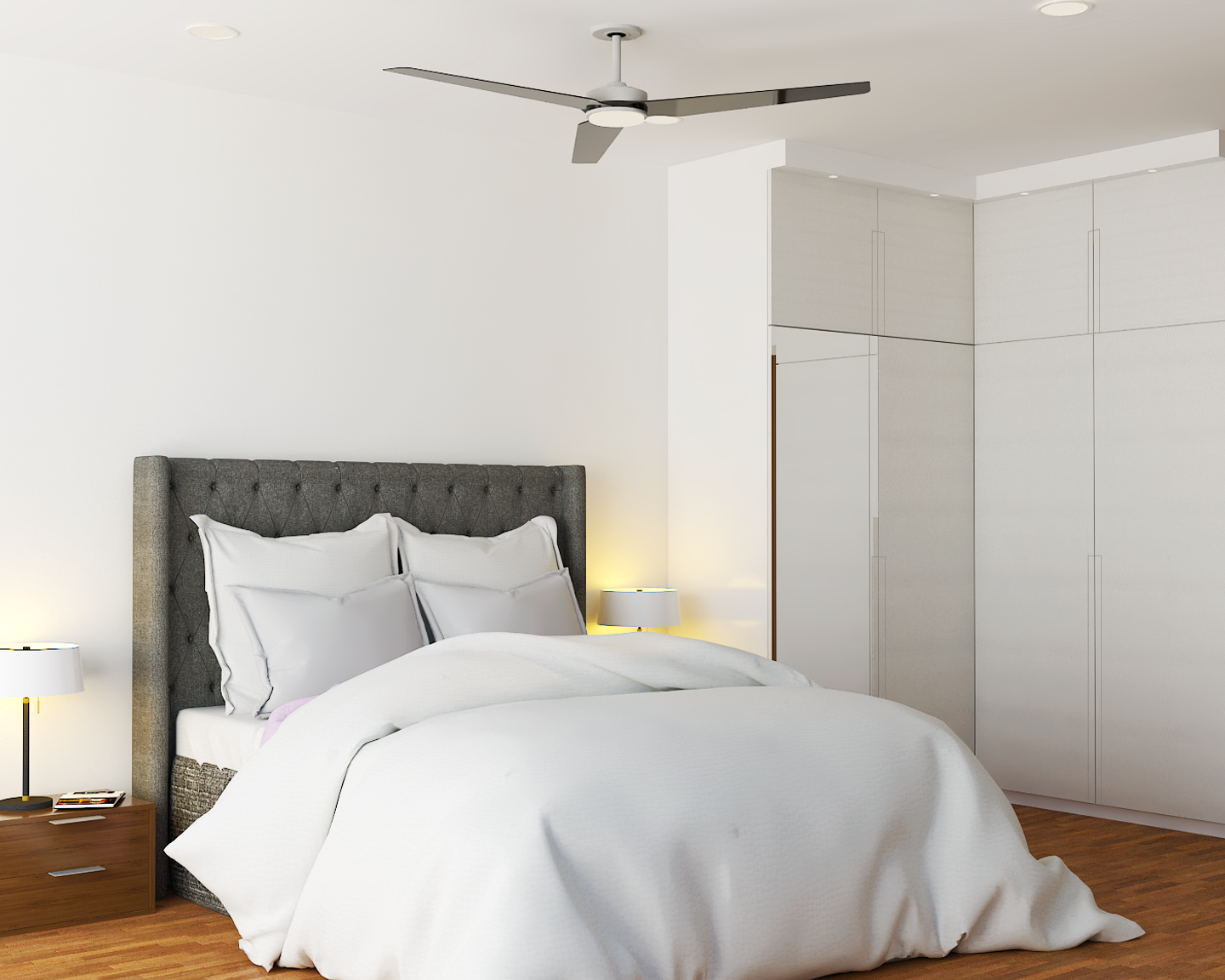 Compact Master Bedroom Interior Design with White L-Shaped Wardrobe - Livspace