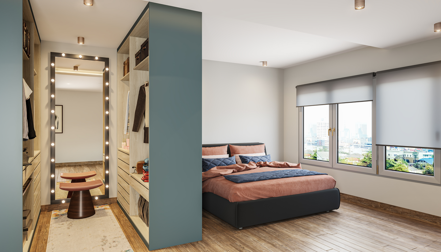 Dark Wood Floor Bedroom Interior Design with Walk-In Closet - Livspace