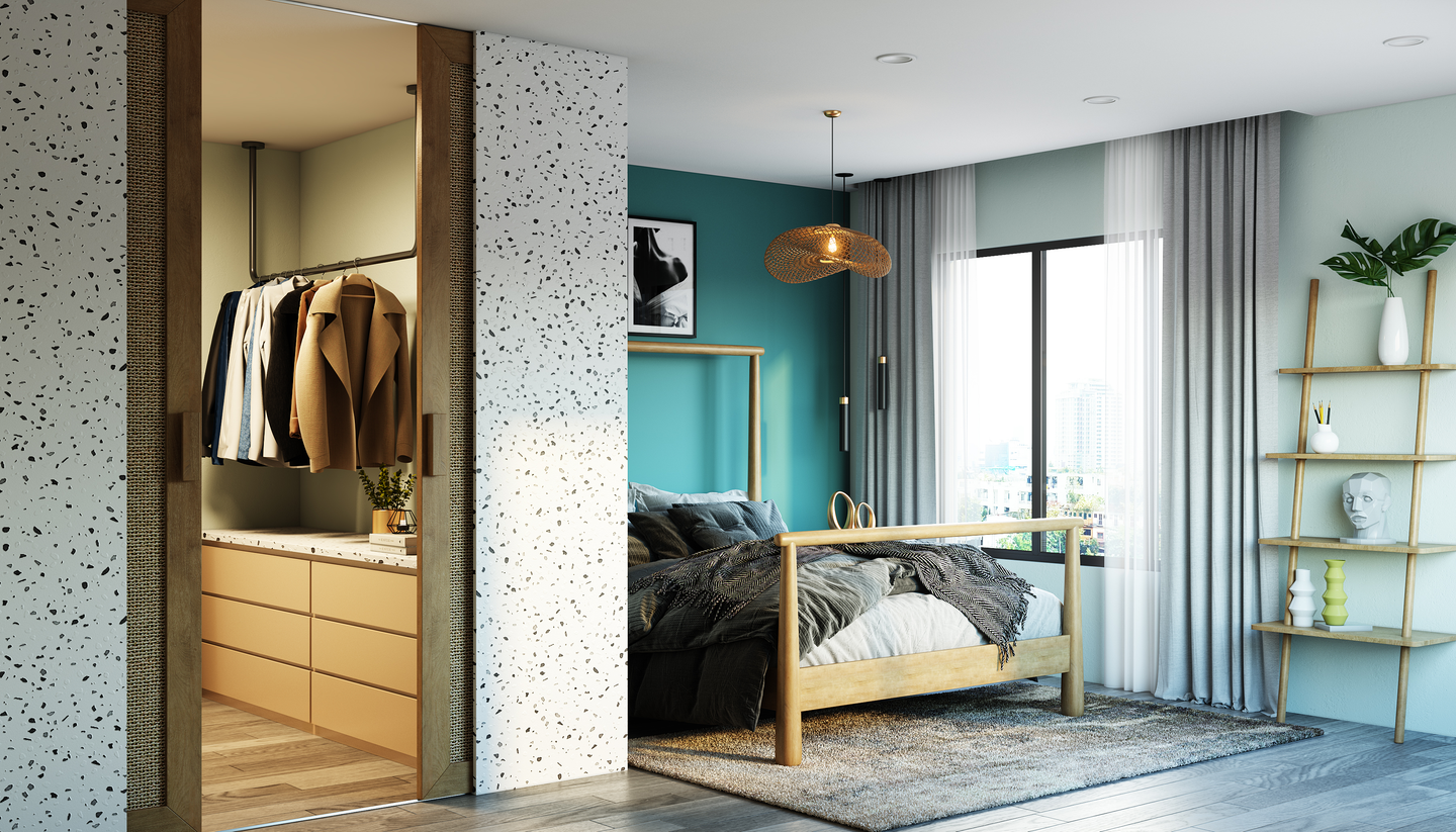 Teal Blue Accent Wall Bedroom Interior Design with Walk-In Wardrobe ...