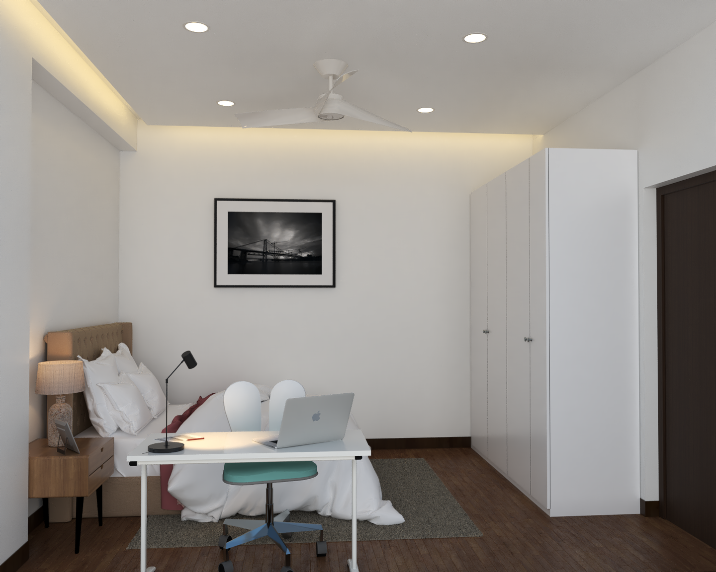 Compact Bedroom Interior Design with Study Desk and False Ceiling - Livspace