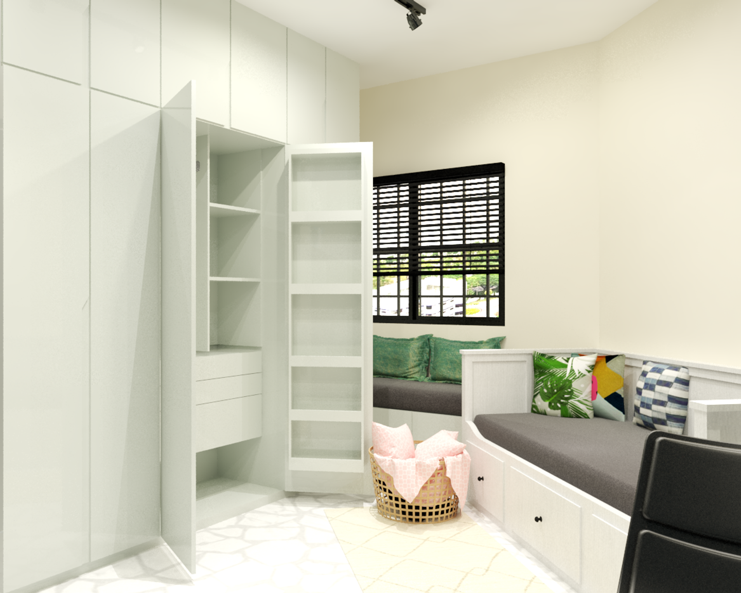 Open Shelves Angular Spacious Kids Bedroom and Study Design - Livspace