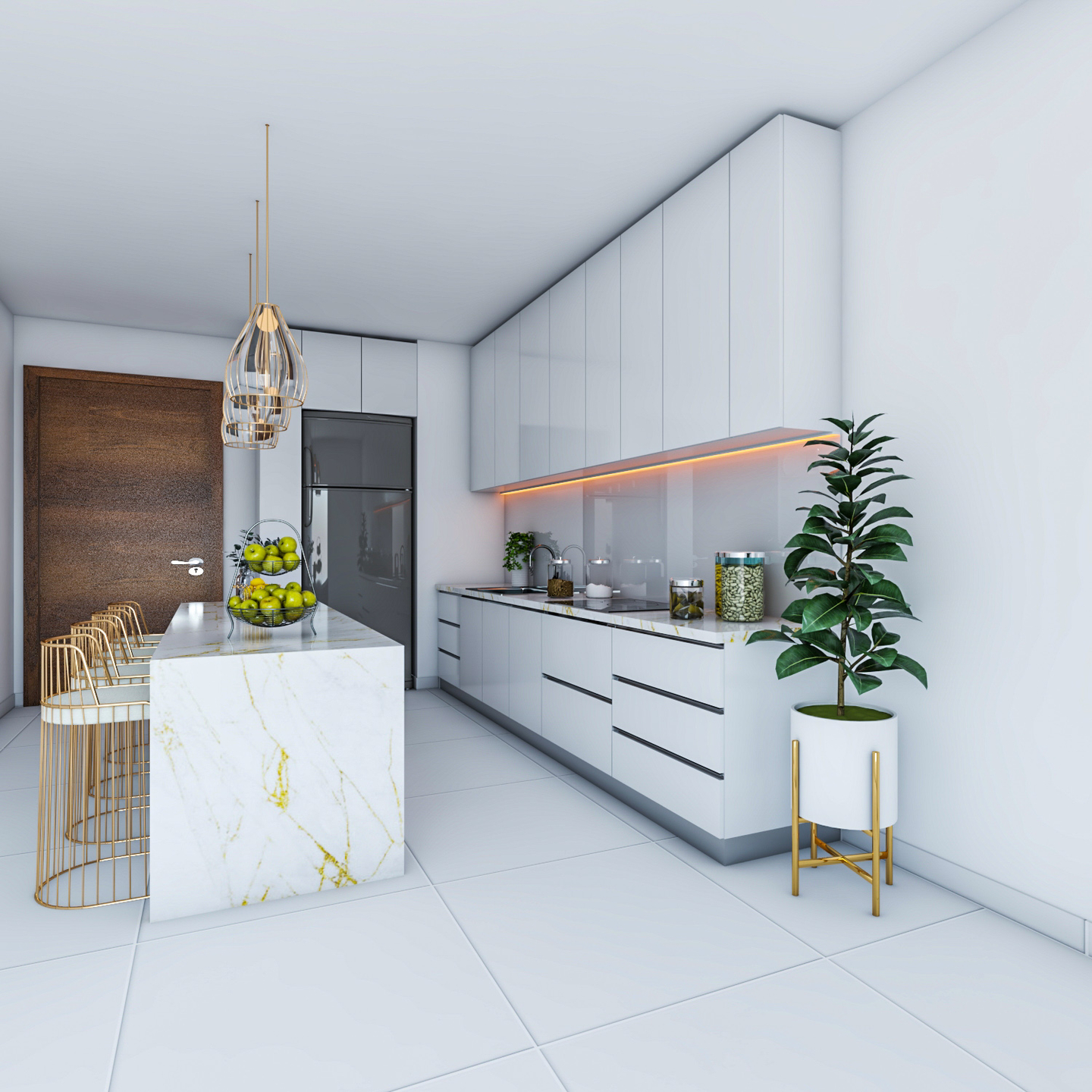 Minimal Kitchen Design Idea with White Reflective Cabinets - Livspace