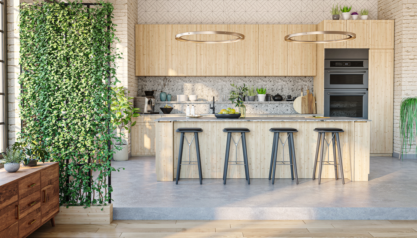 Rustic Kitchen Design with Green Wall and Breakfast Counter - Livspace