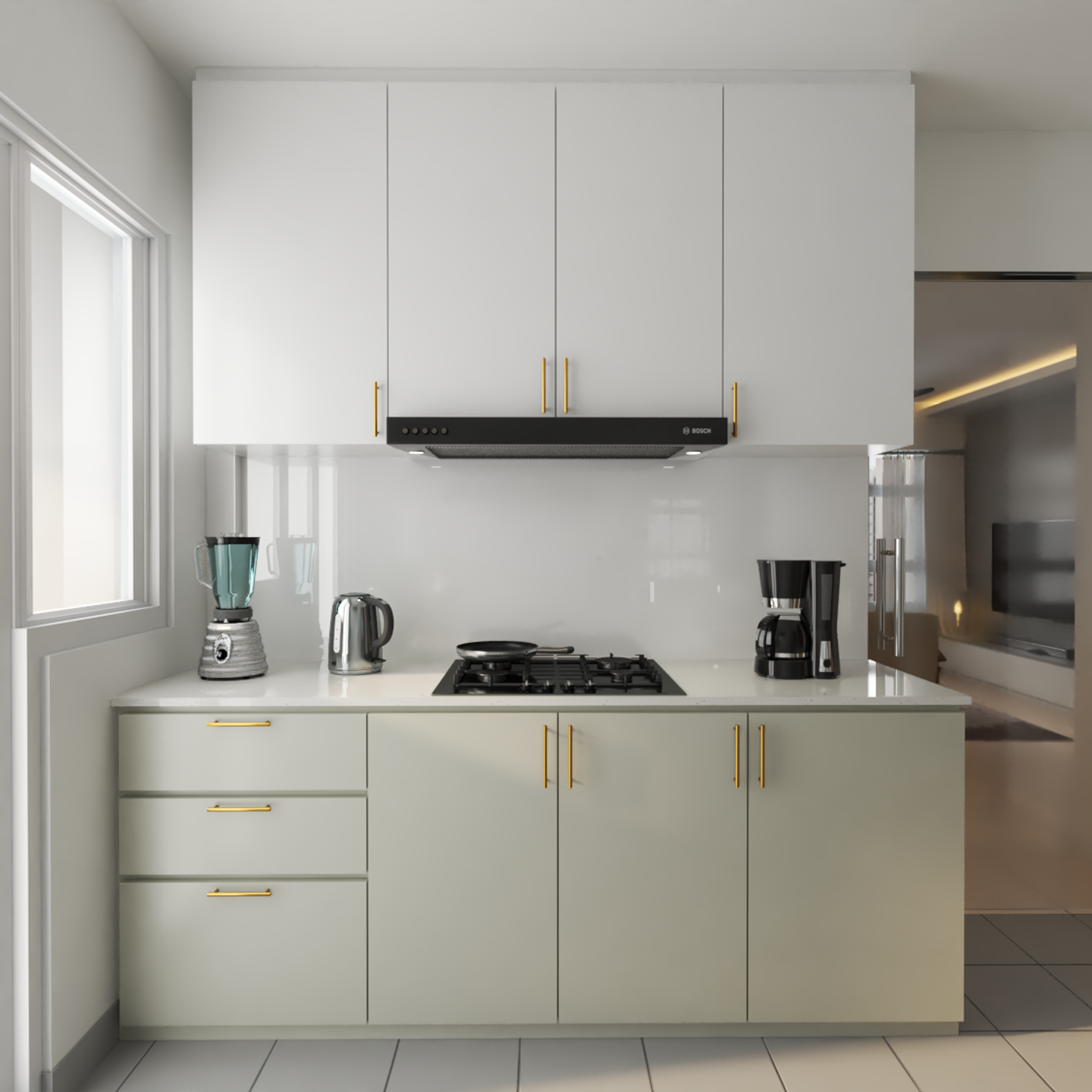 White Countertop Kitchen Design with Monochromatic Cabinets - Livspace