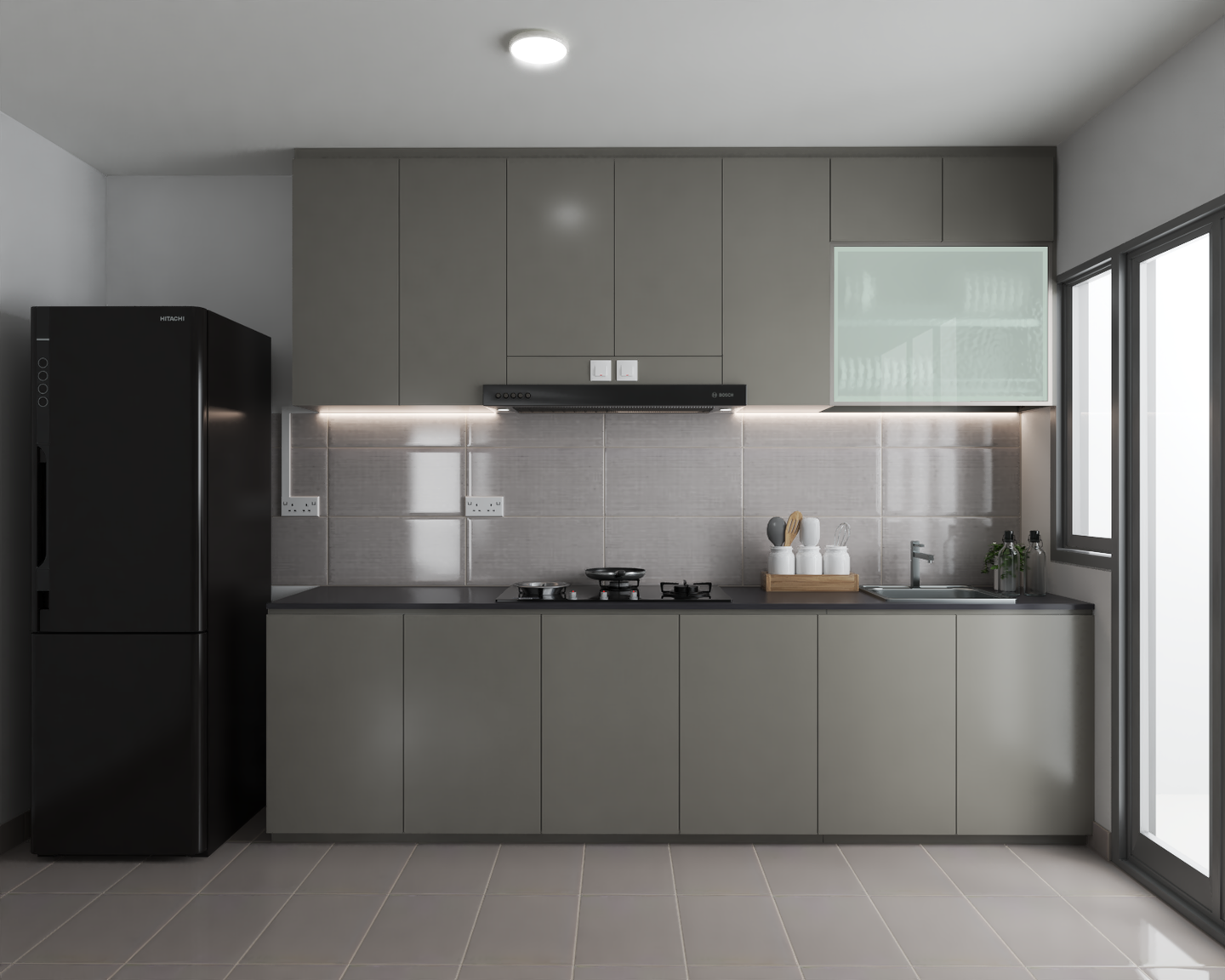 Compact Parallel Kitchen Design with Glossy Grey Cabinets - Livspace