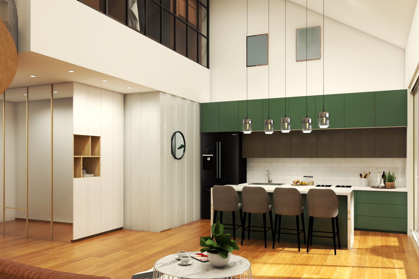 Modern Spacious Kitchen Design with Green Cabinets and Breakfast Island - Livspace