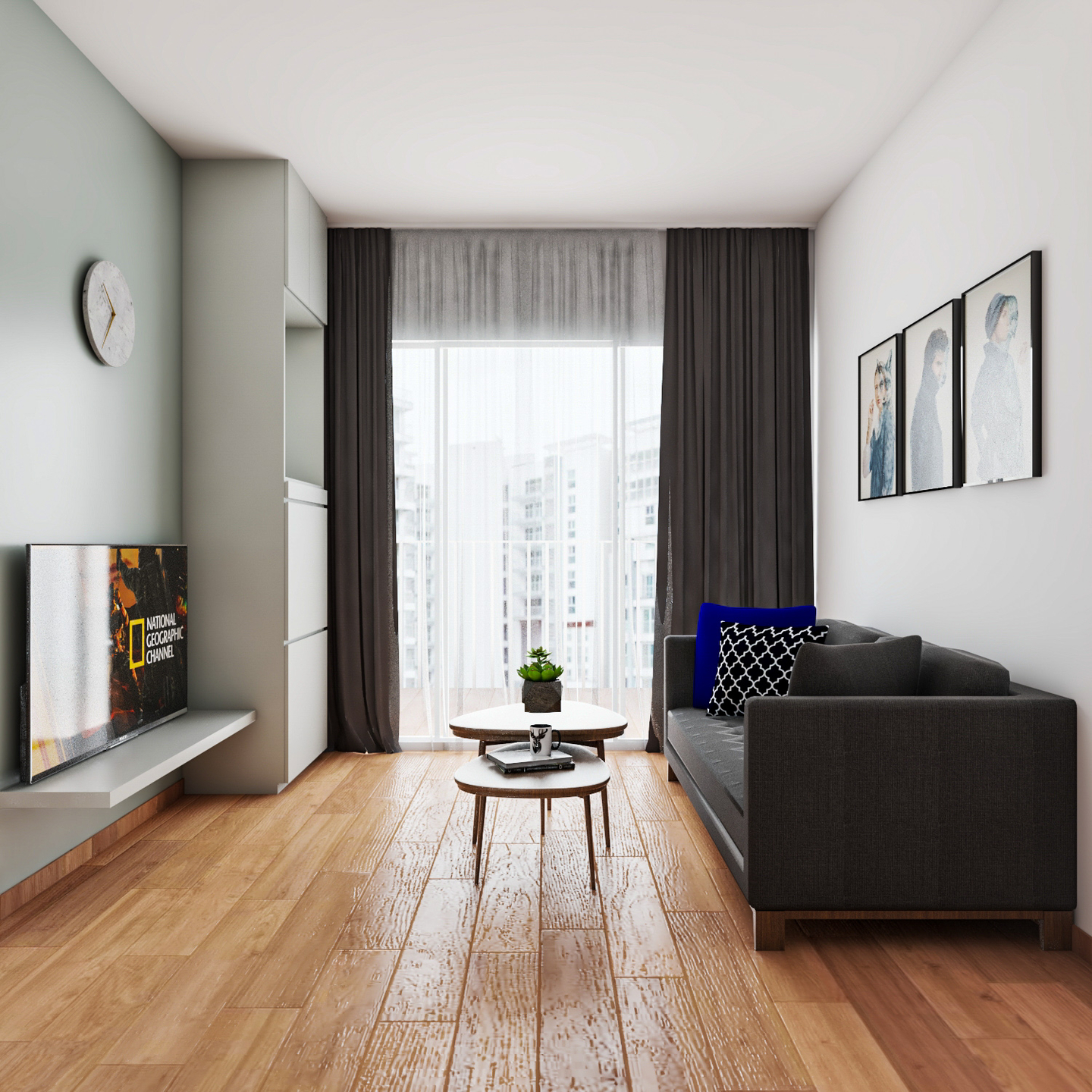 Wooden Flooring Storage Cabinet In Minimalist Living Room Interior Design - Livspace
