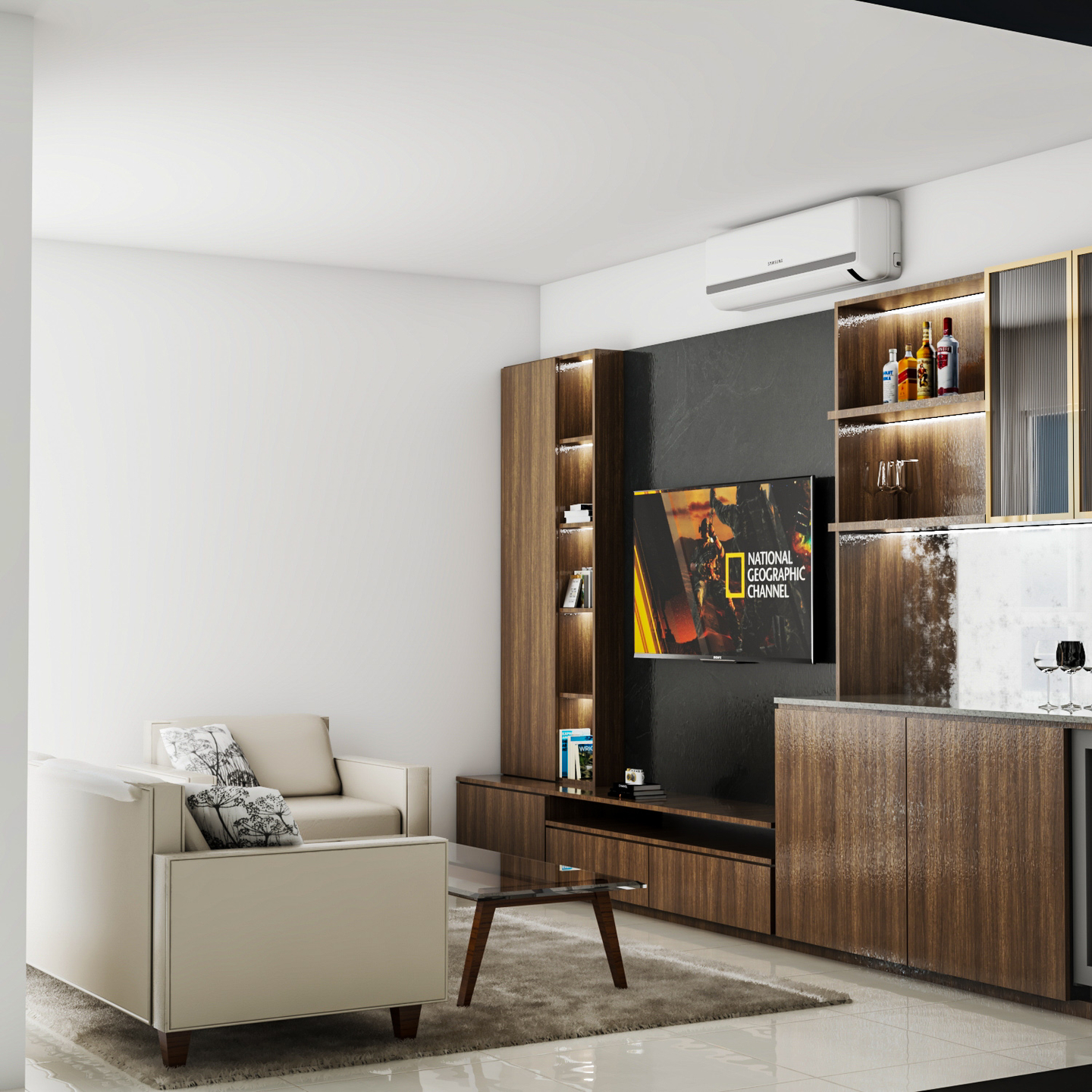 Dark Wood Bar Counter Modern Living Room Interior Design - Livspace
