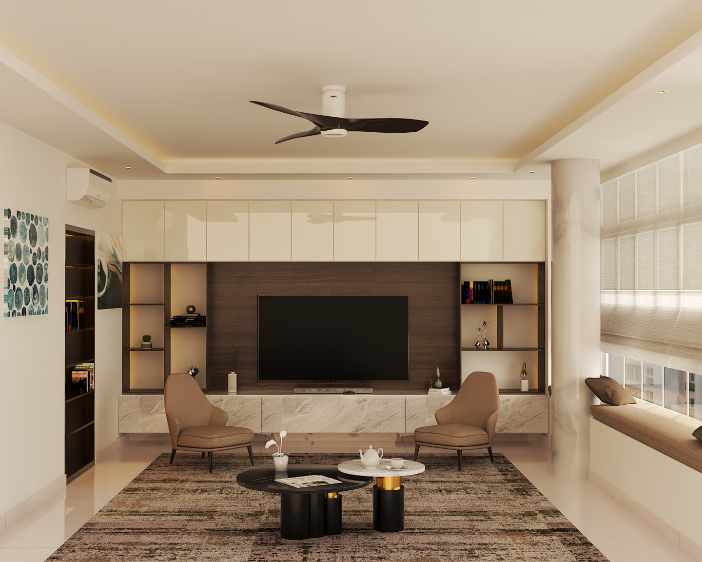 Wooden Backdrop TV Cabinet Contemporary Living Room Interior Design - Livspace