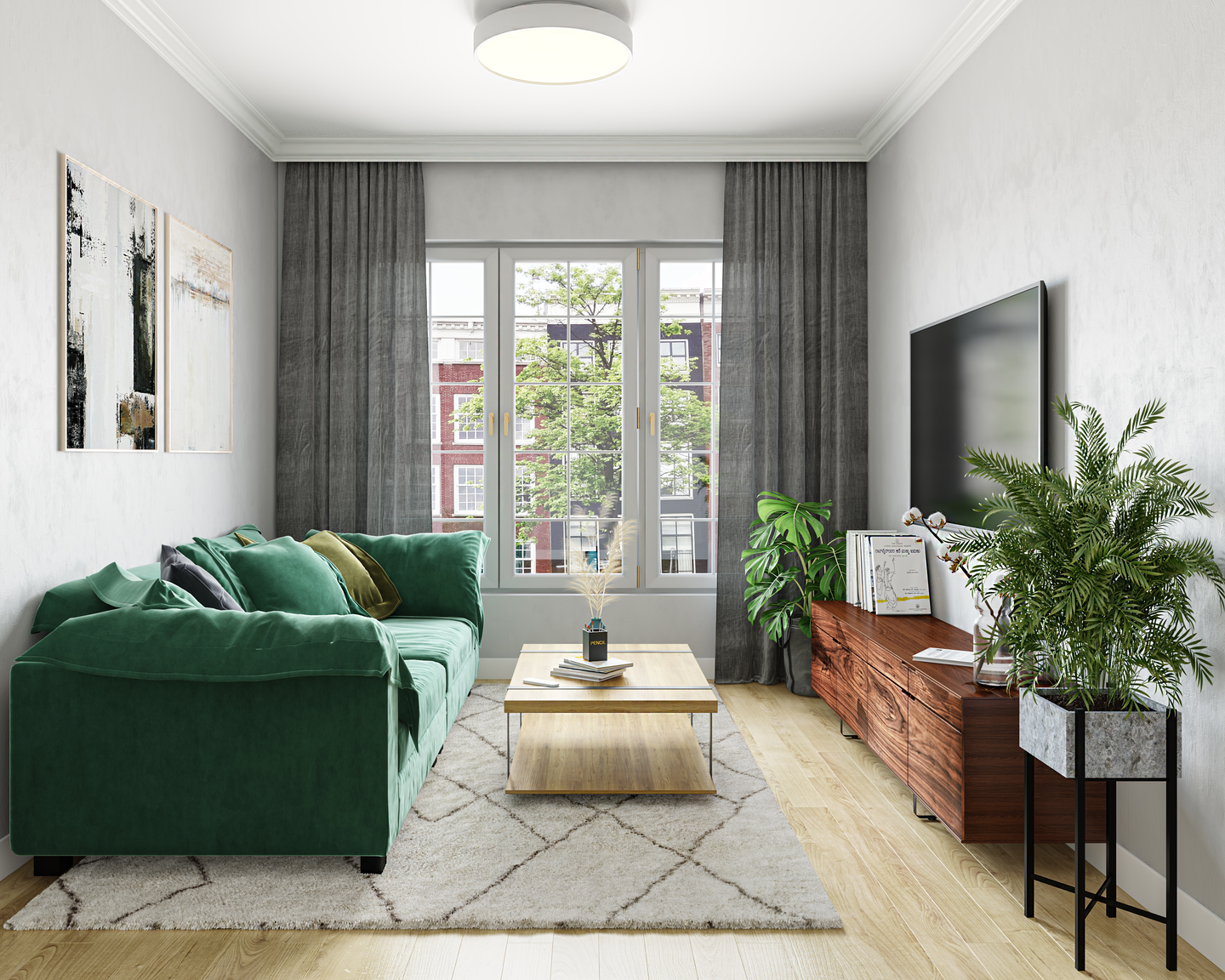 Green Fluffy Sofa Criss Cross Rug Modern Living Room Interior Design - Livspace
