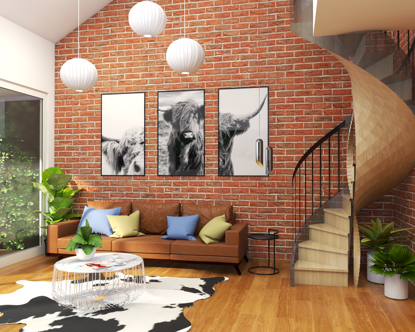 Brick Wall Circular Staircase Modern Living Room Interior Design - Livspace