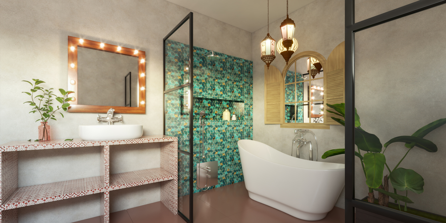 Marble Finish Accent Wall Modern Spacious Bathroom Design - Livspace