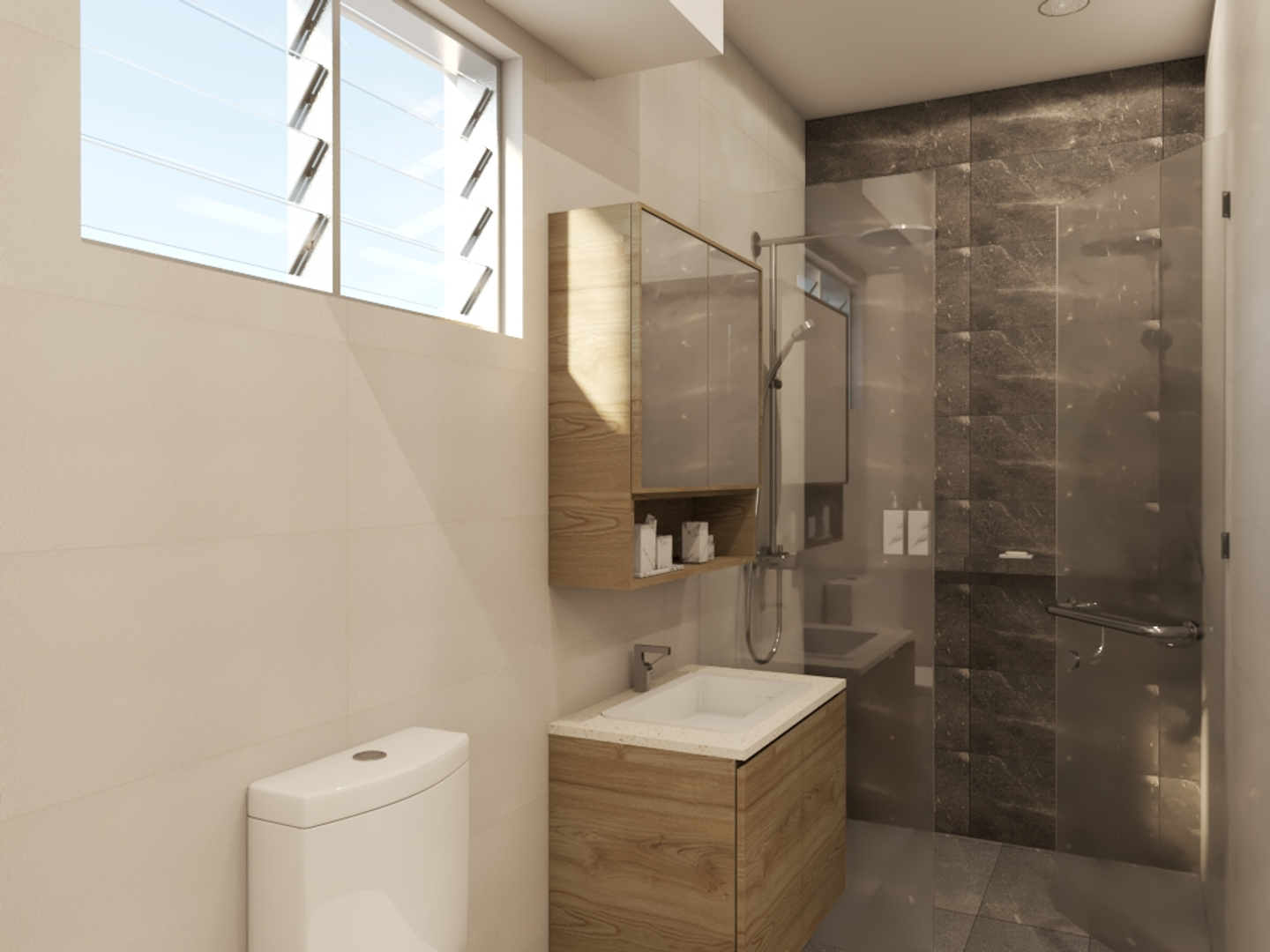 Small Bathroom With Beige Grey Highlighter Wall