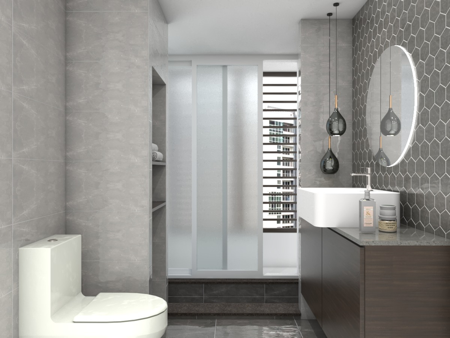 Grey Tone Highlighter Wall Economic Minimal Bathroom Design - Livspace