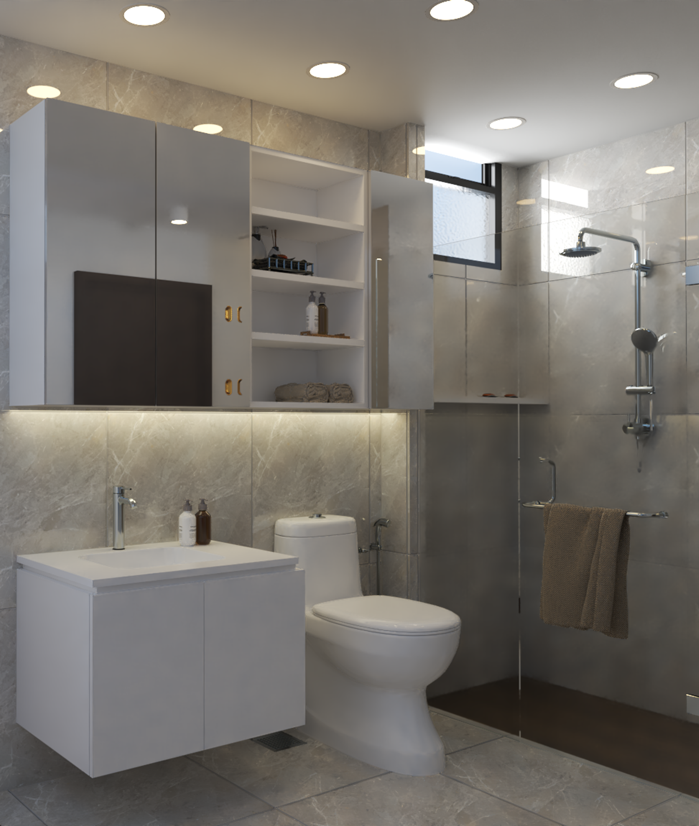 Open and Closed Storage Cabinets Mediterranean Bathroom Design - Livspace