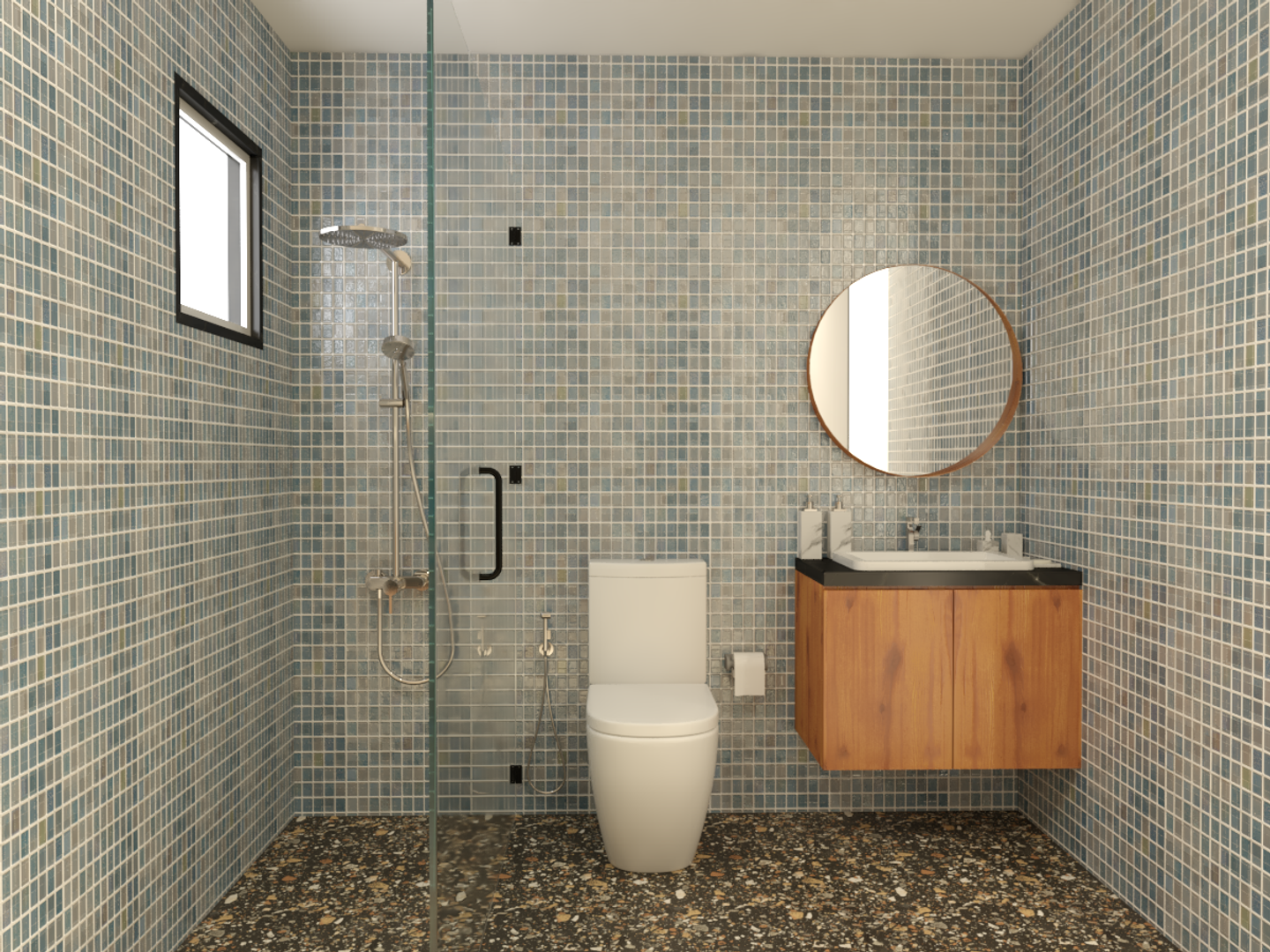 Tiled Minimal Storage Compact Bathroom Design with Round Mirror - Livspace