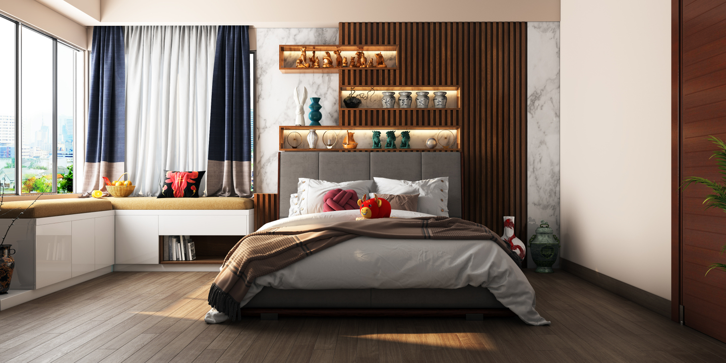 Mid-century Modern Style Optimised Master Bedroom Design | Livspace