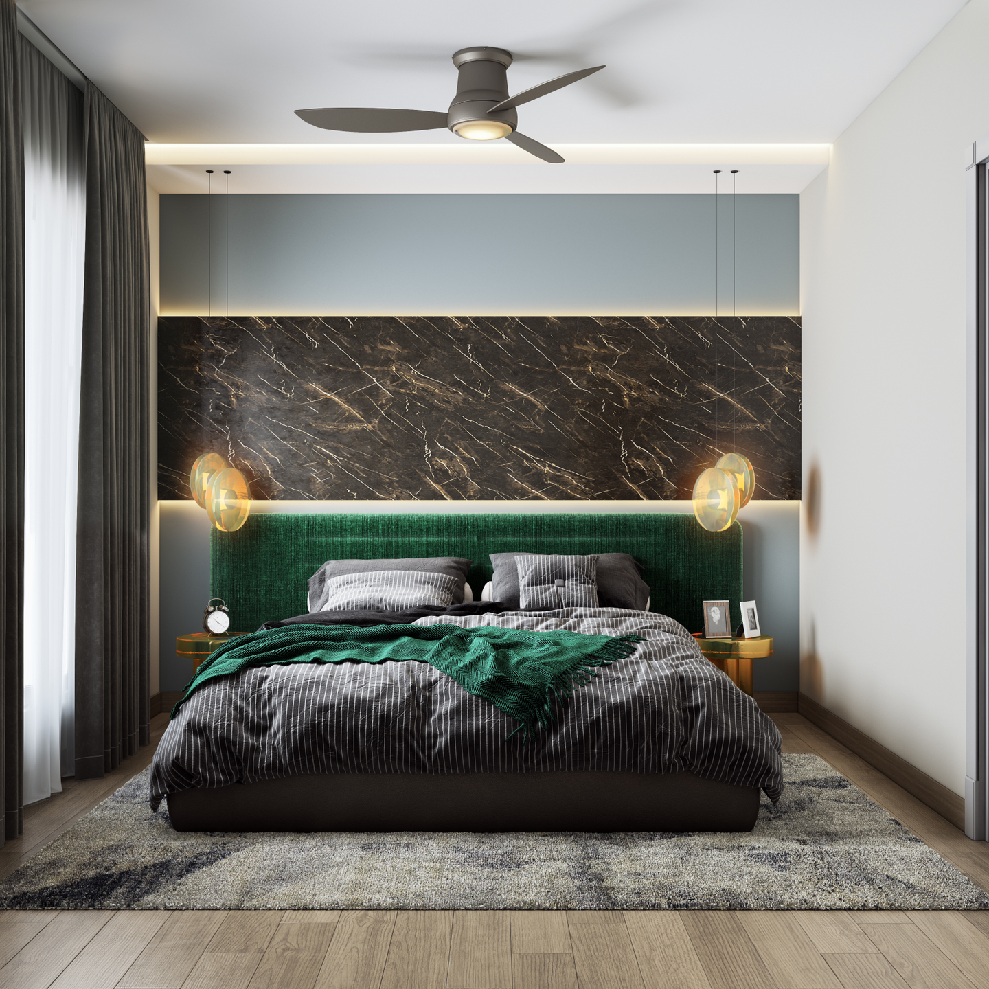 Simple Master Bedroom With Dark Marble Textured Panel