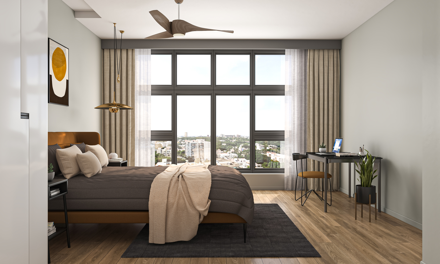Spacious Master Bedroom With Big Window And Accent Light