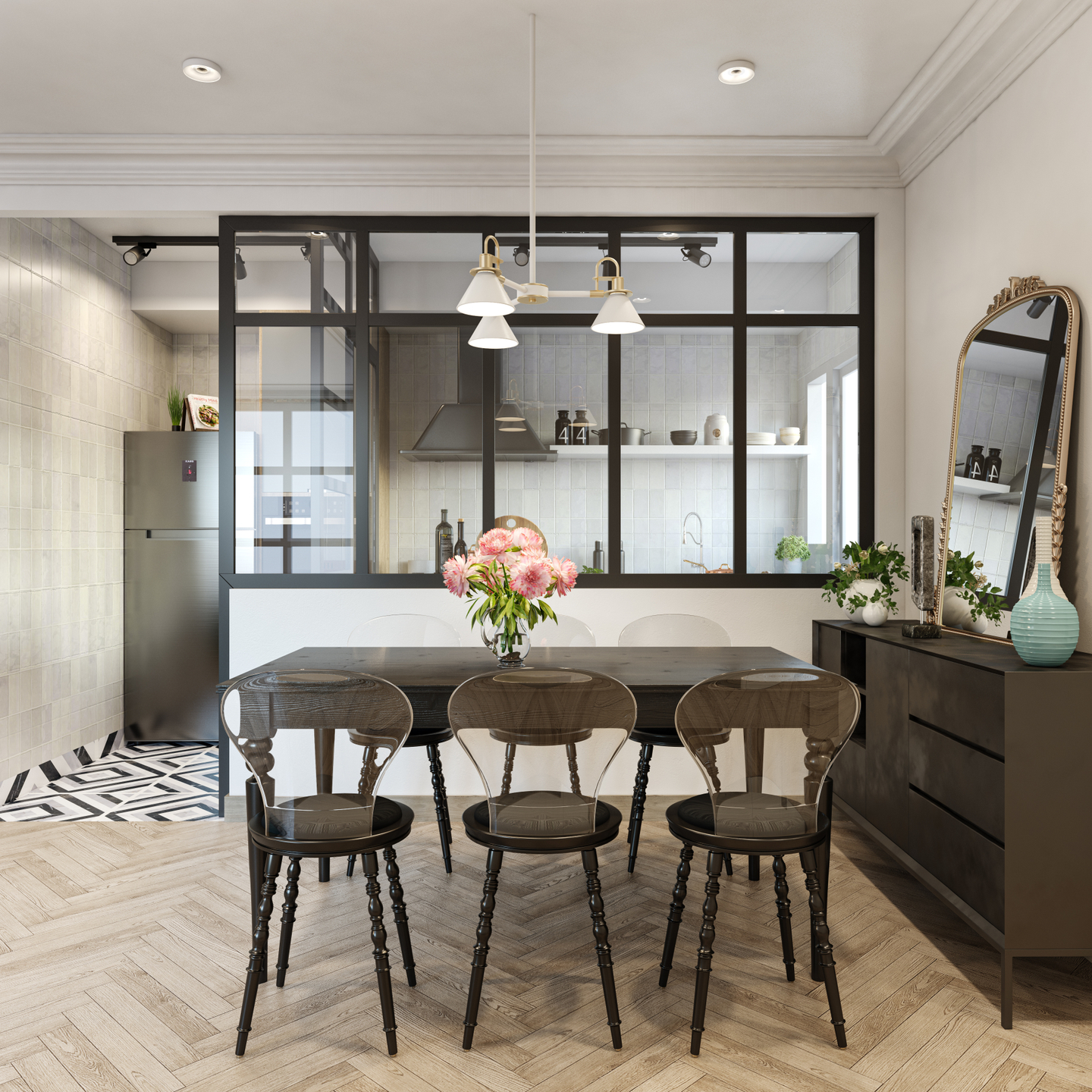 Compact & Elegant Dining Room With Industrial Elements - Livspace