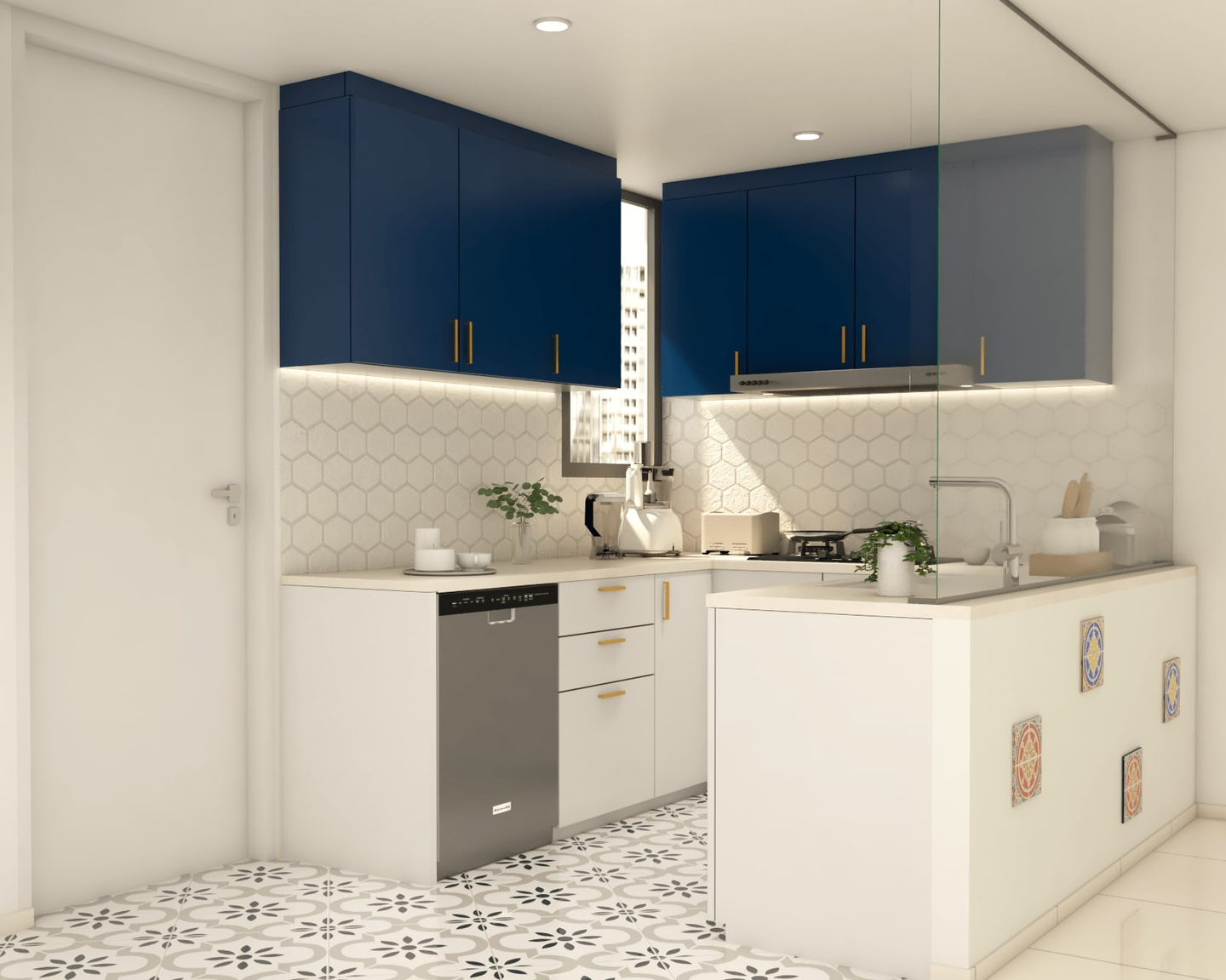 Blue And White Themed UShaped Open Kitchen Design Livspace