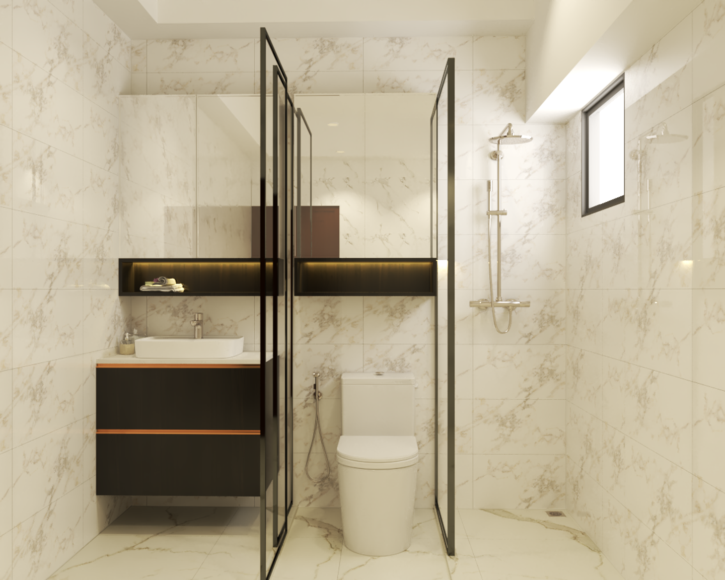 Modern Compact Toilet Interior Design with Separators and Wooden Storage - Livspace