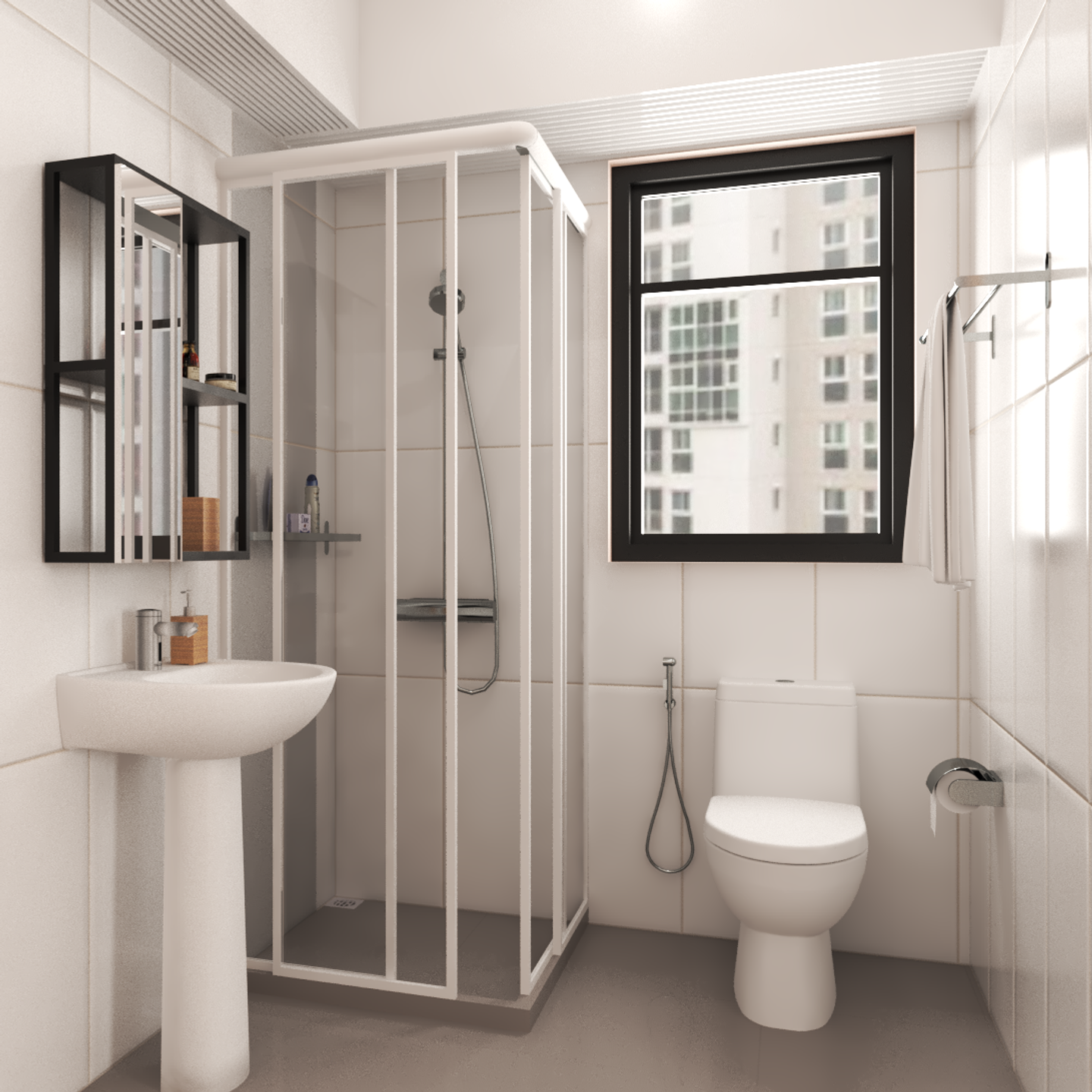 Traditional Compact Toilet Design with White Shower Cubicle - Livspace