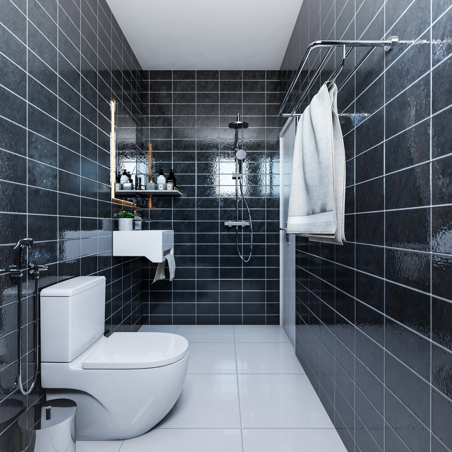 Dark Compact Toilet  Design Idea with Modern Rectangular Mirror and Strip Lighting - Livspace