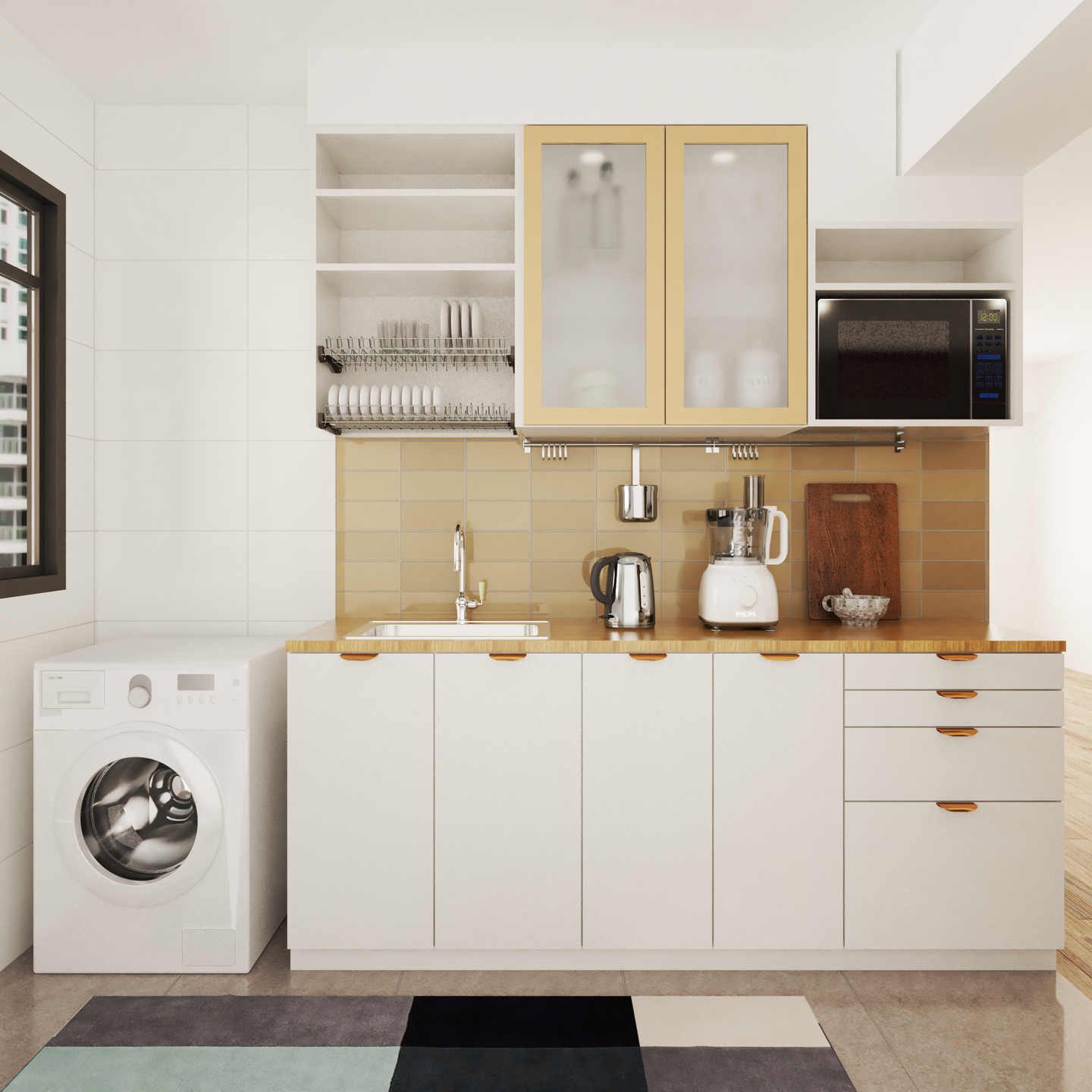 Dado Tiles Kitchen Design with Black Fridge and White Cabinets - Livspace