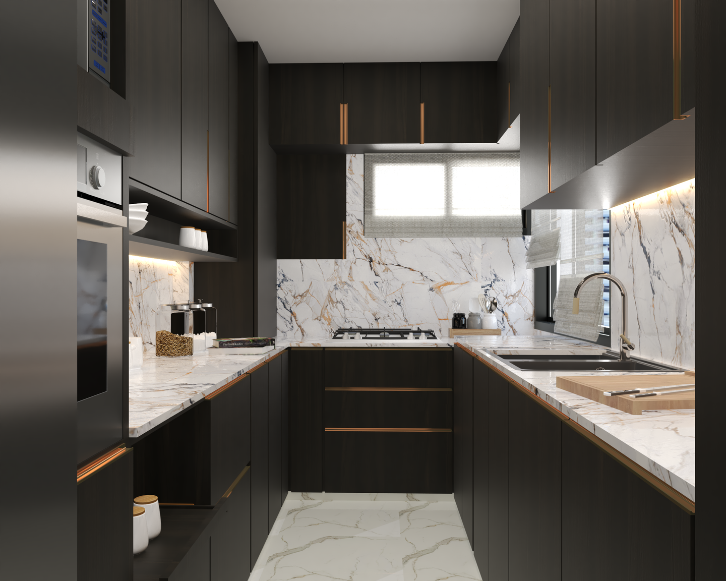 Dado Tiles Modern Kitchen Design with Dark Wood Cabinets and Golden Handles - Livspace
